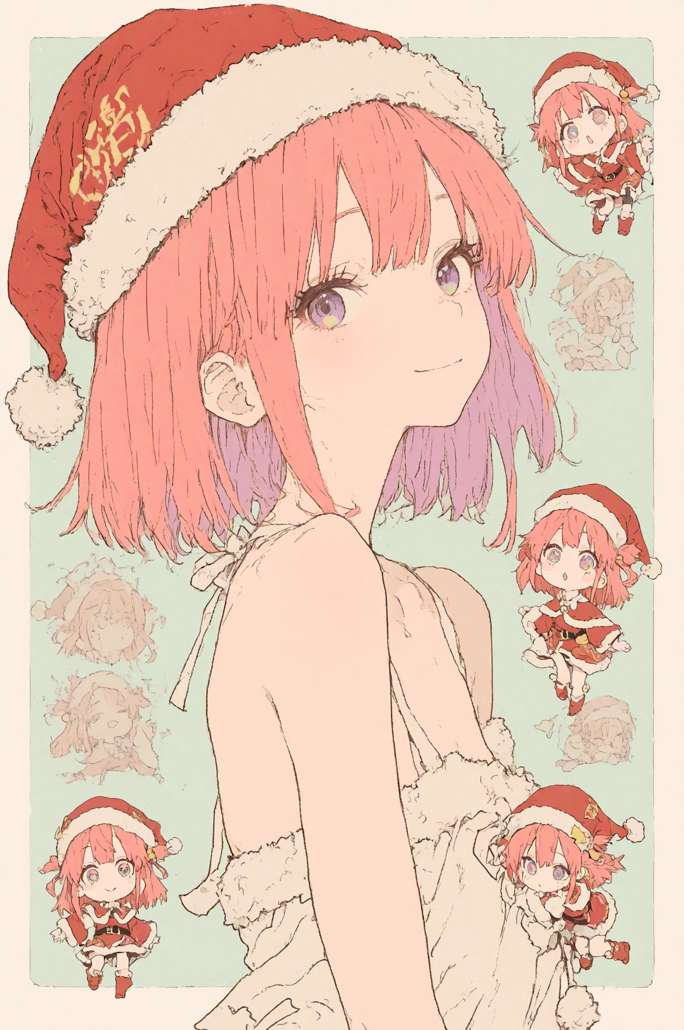 solo,Flat Art,flat color,Denki Style 3,1 girl,chibi,Detailed Character Portraits, beautiful young anime girl ,delicate facial features,Cute expression,chibi style,pastel,flat shading,minimalist background ,bright colors,digital painting,4K,high resolution,Professional,masterpiece、Santa hat、Unpatterned Red China