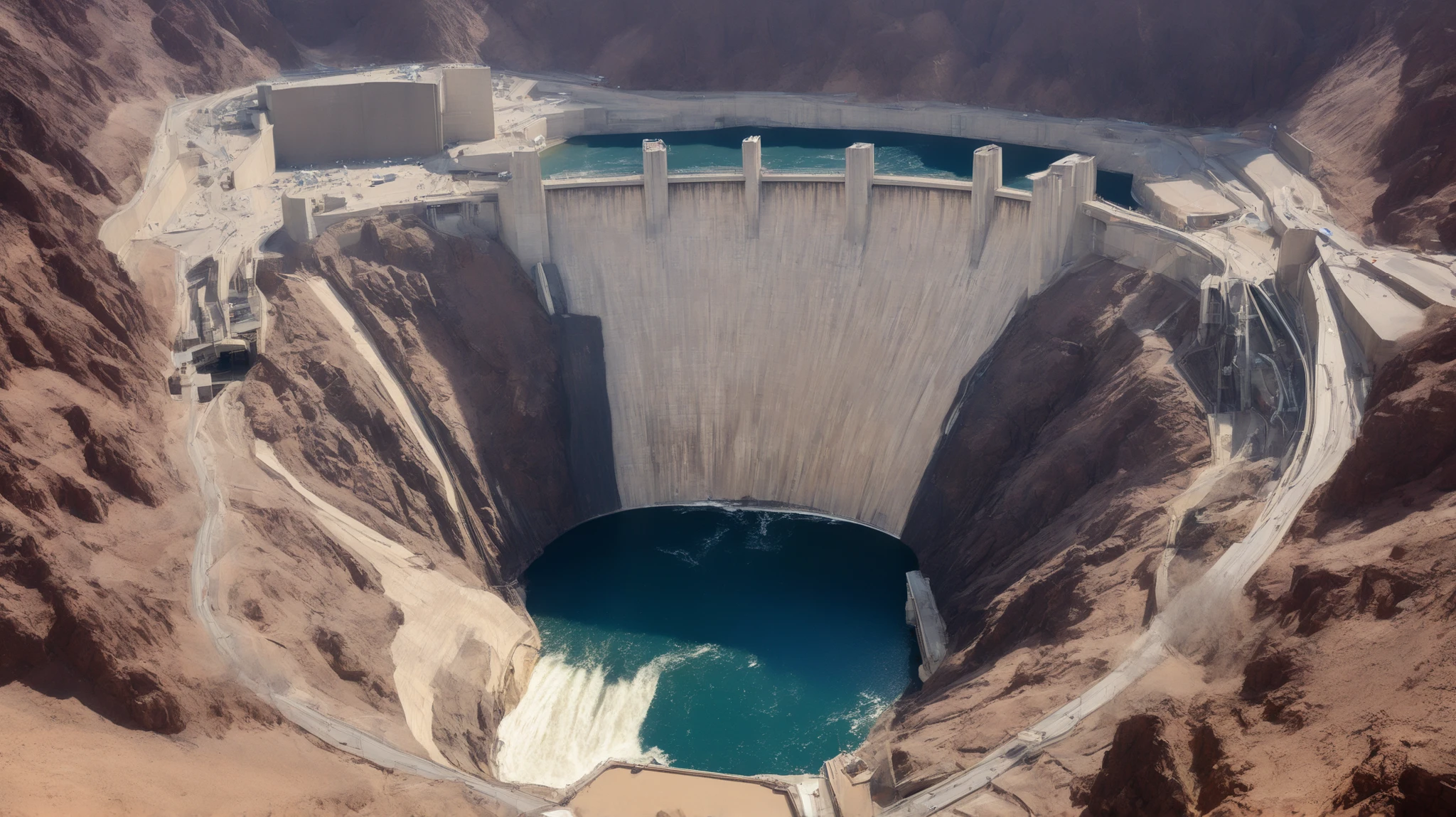 8k,ultra highres:high-definition images、(realistic expression:1.5),Nevada、(The huge Hoover Dam)、(Hoover Damの性格な構造と配置:1.5),(220m high gravity arch dam:1.5),(The majestic atmosphere of a supermassive structure:1.5),(Image taken from above:1.5),(There is a hydroelectric power station at the bottom of the dam:1.5),There is some fog all over,dammed the Colorado River、Lake Made was formed from stored water、fish at Lake Maid, jet ski, wait. You can、(The exterior of the majestic dam:1.5)、(mega structure:1.5),