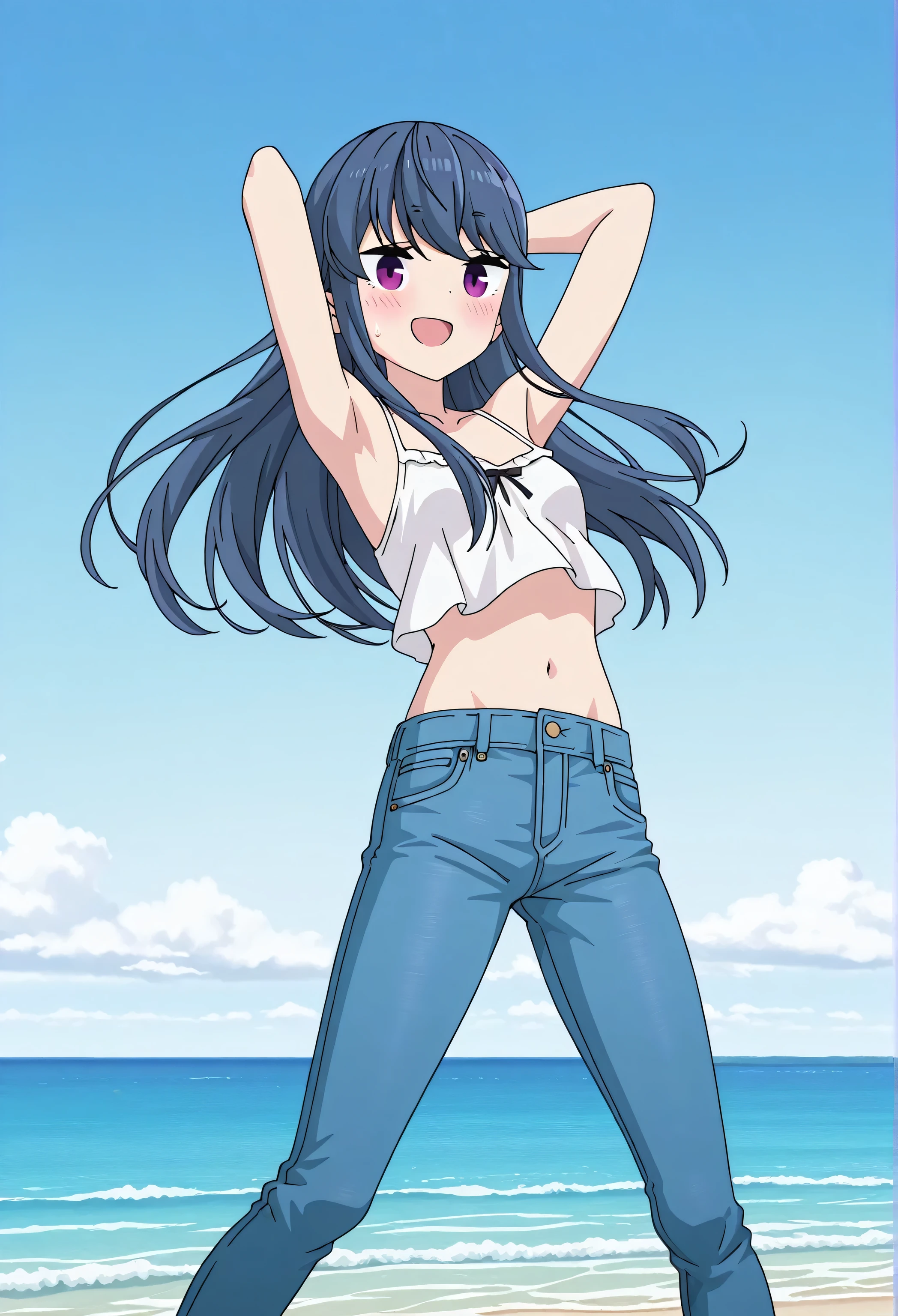 score_9, score_8_up, score_7_up, source_anime, highres, hi res, best quality, top quality, masterpiece, perfect quality, 2d, intricate details, official style, anime, 4k, anime style, 1 girl, Alone, solo, ((ocean)), tsunami, on the water, day, outdoors, sky, windy, rin shima, blue hair, purple eyes, sidelocks, long hair, small breasts, white camisole top, crop top, white crop top, best quality, ((blue jeans:1.9)), (dark blue jeans:0.6), full medium body, medium shot, Open mouth, smiling, happy face, blush, sweat, standing, arms behind head, bowlegged, jumping pose, action, looking at viewer, spread legs, Bend knees slightly, straight-on front view