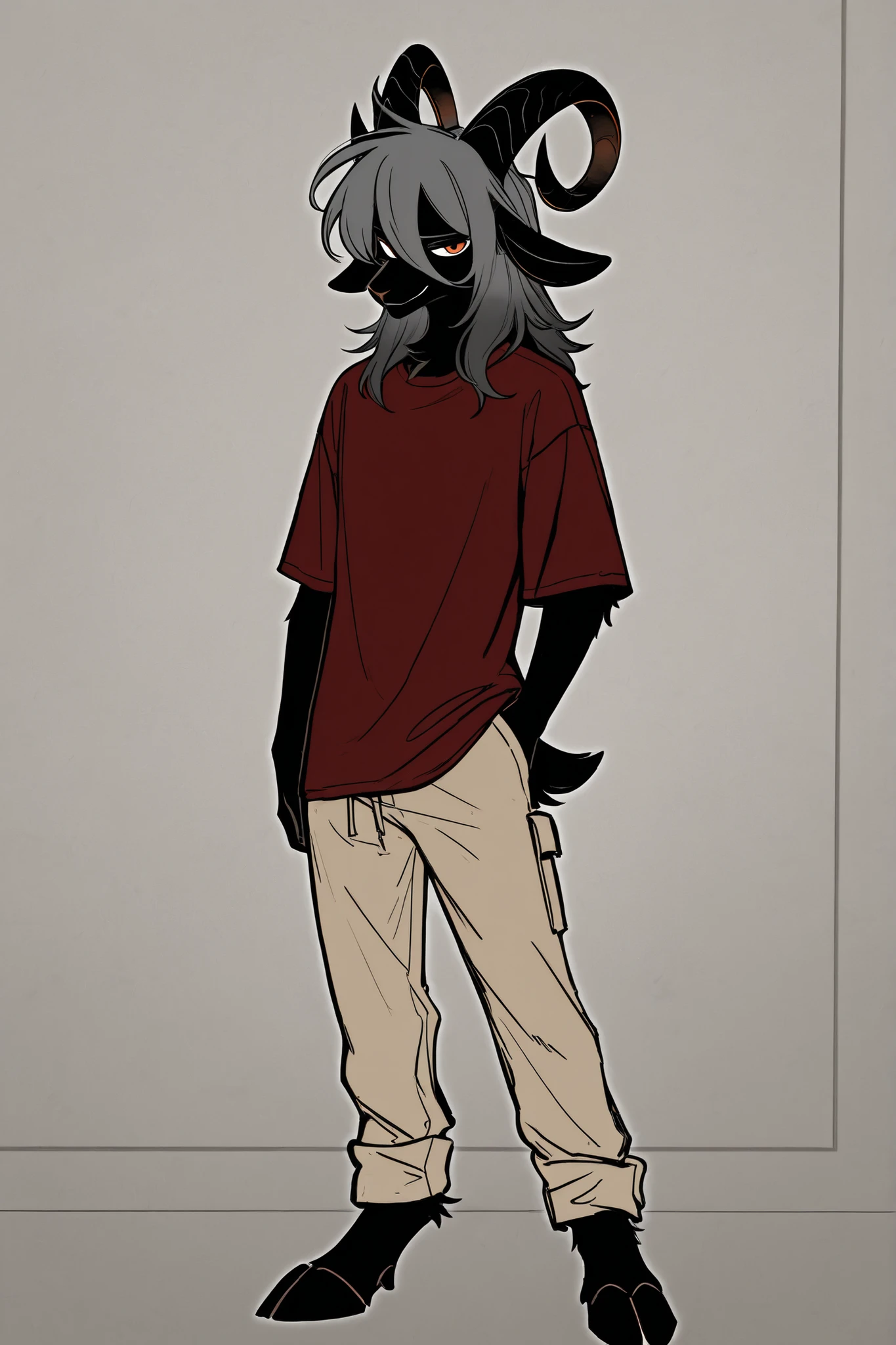 furry male goat boy, thin, tall, boy, black fur, wearing a dark red t-shirt and beige cargo pants, goat hooves, playfull look, long dark grey hair, slightly wavy, long bangs, straight black horns, orange eyes, long snout, smirk, solo full body art , office background
