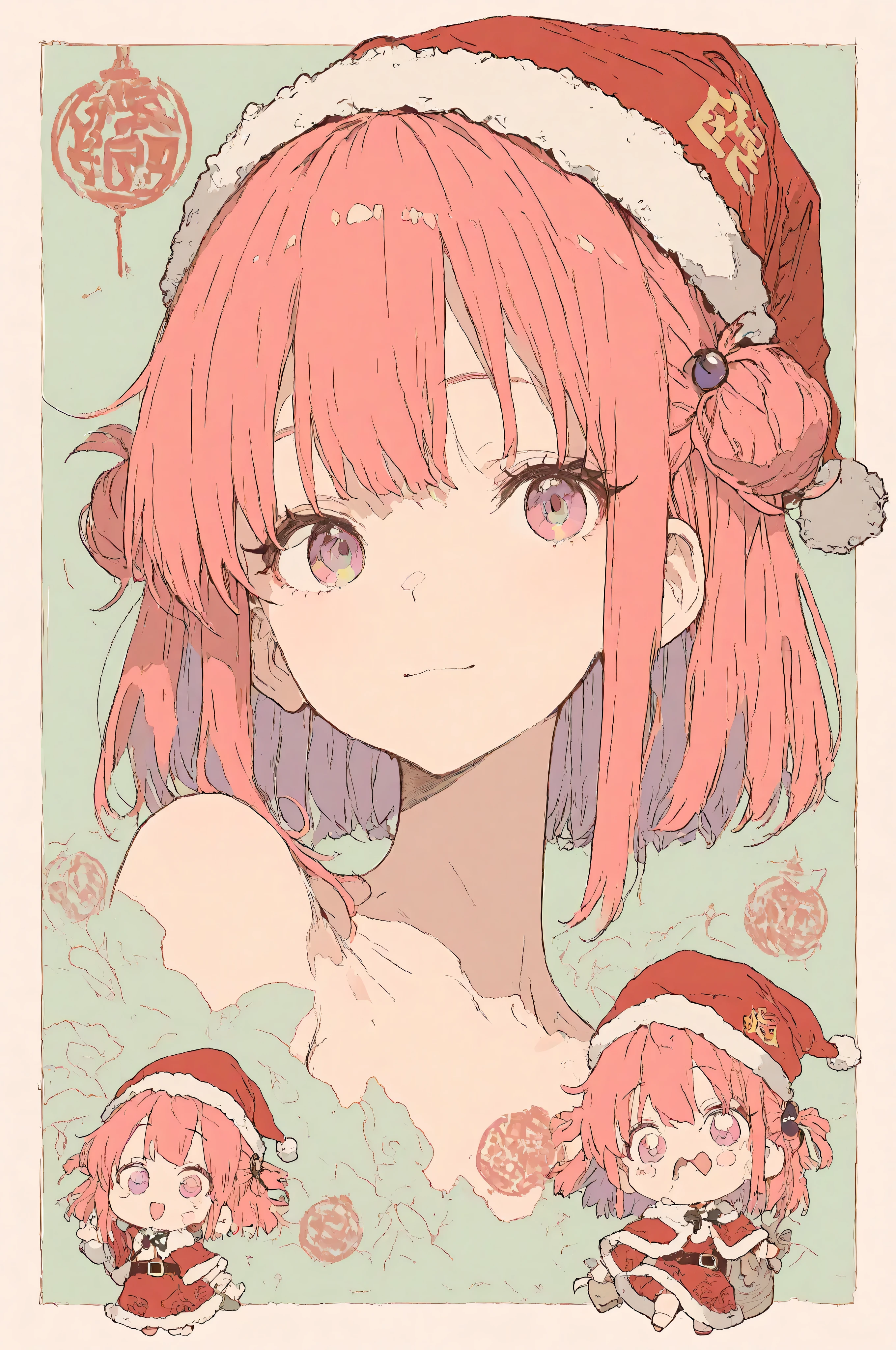 solo,Flat Art,flat color,Denki Style 3,1 girl,chibi,Detailed Character Portraits, beautiful young anime girl ,delicate facial features,Cute expression,chibi style,pastel,flat shading,minimalist background ,bright colors,digital painting,4K,high resolution,Professional,masterpiece、Santa hat、Unpatterned Red China