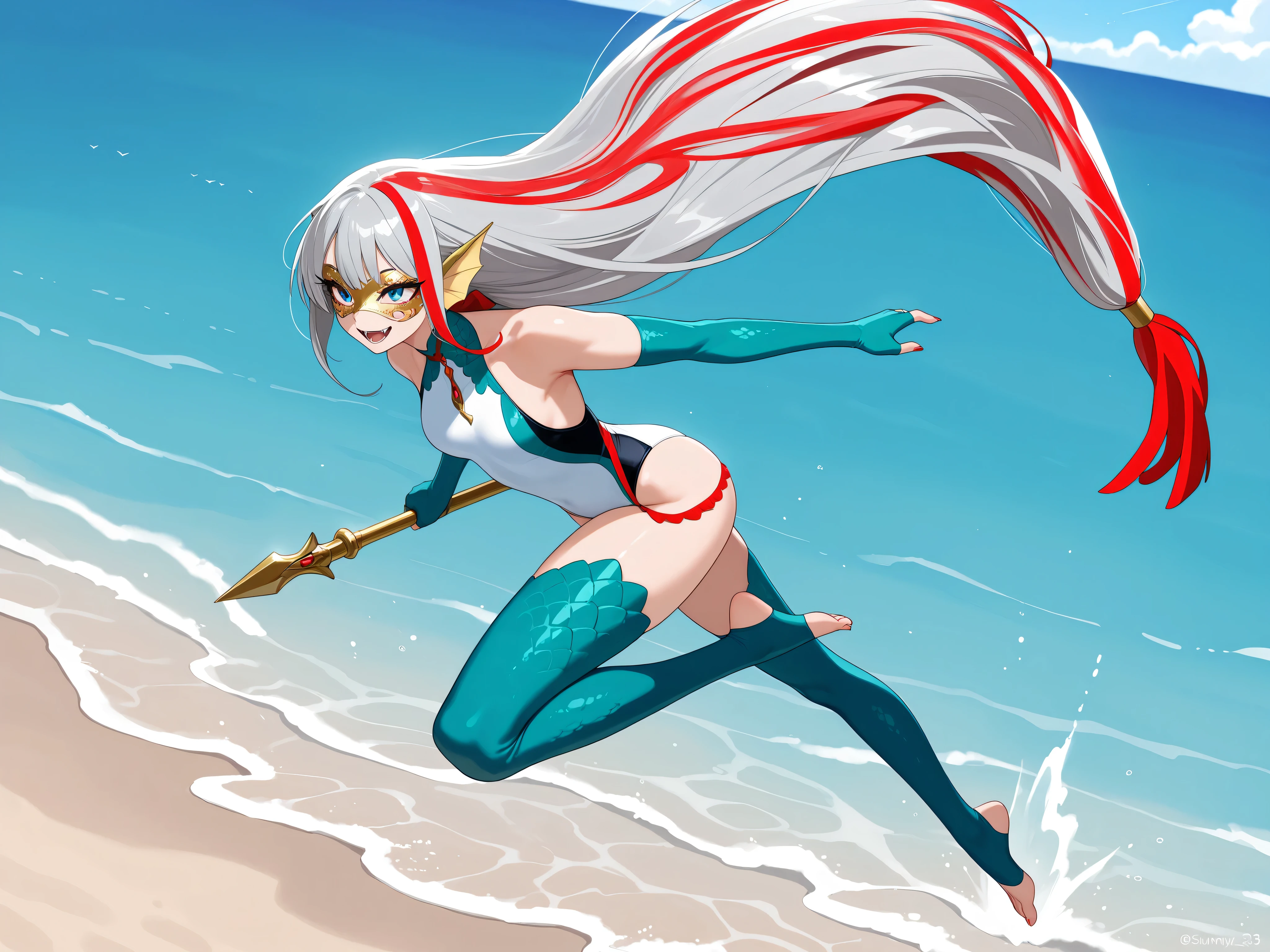 masterpiece, high quality, woman, full body, jumping in mid-air, mature, (tall), epic pose, athletic built, grinning, fangs, (grey hair) red streak in hair, very long hair, low ponytail, blue eyes, dark eyeliner, long eyelashes, (yellow fin ears), small breasts, beautiful, wearing (white) one-piece swimsuit with teal and red accents, teal fingerless elbow gloves, teal thigh highs, (yellow masquerade mask), bare_shoulders, teal dragon scales on thighs and shoulders, holding long metal spear, on sandy beach, ocean, sunny day,