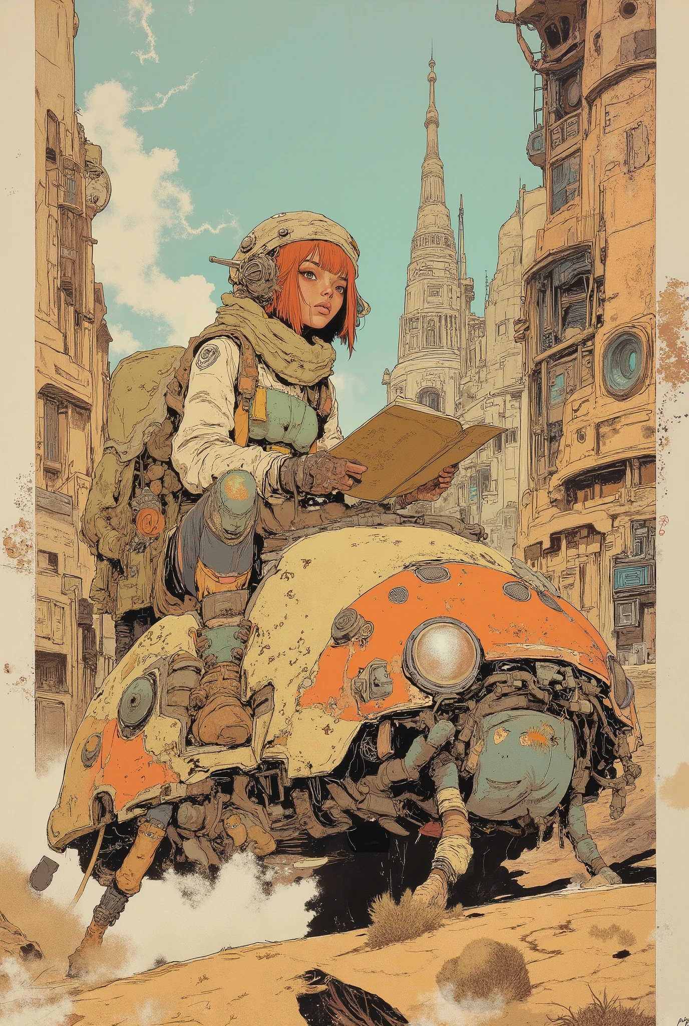By Phandigrams,CAICO,SF comic style, European bande dessinée illustration, Moebius inspired art, beautiful girl riding an ladybug-shaped sci-fi vehicle, reading a book, full body character design, beautiful face, clear face, bangs, orange short hair, futuristic setting, desert cityscape in the background, vibrant pastel colors, surreal atmosphere, cinematic wide composition, ultra realistic rendering, minimal elements, highly detailed illustration, artistic shading, dynamic perspective, (masterpiece:2), best quality, ultra highres, original, extremely detailed, perfect lighting