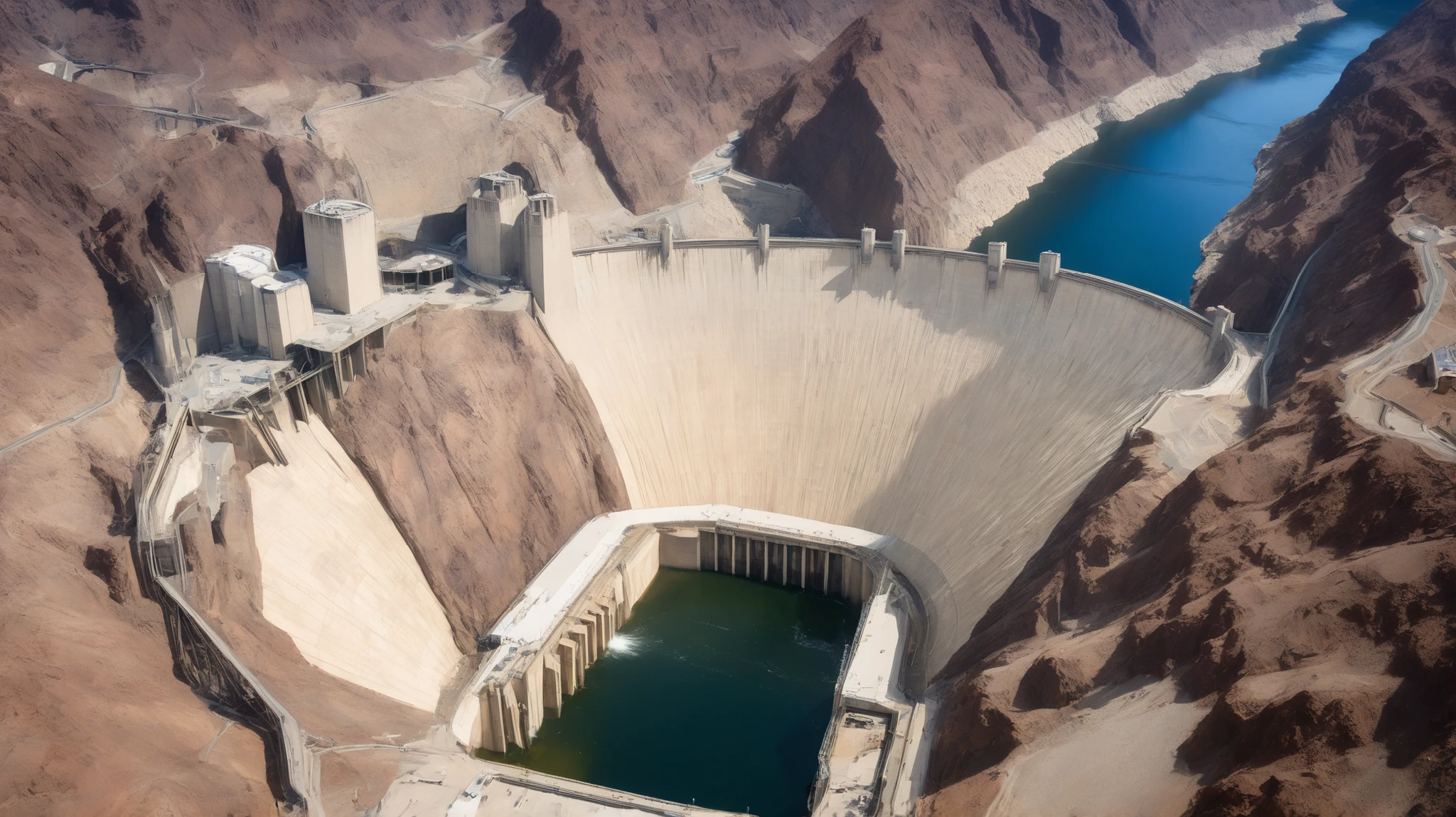 8k,ultra highres:high-definition images、(realistic expression:1.5),Nevada、(The huge Hoover Dam)、(Hoover Damの性格な構造と配置:1.5),(220m high gravity arch dam:1.5),(The majestic atmosphere of a supermassive structure:1.5),(Image taken from above:1.5),(There is a hydroelectric power station at the bottom of the dam:1.5),dammed the Colorado River、Lake Made was formed from stored water、fish at Lake Maid, jet ski, wait. You can、(The exterior of the majestic dam:1.5)、(mega structure:1.5),