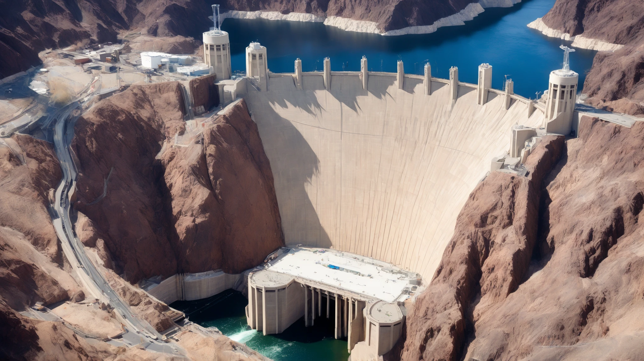 8k,ultra highres:high-definition images、(realistic expression:1.5),Nevada、(The huge Hoover Dam completed:1.5)、(Hoover Damの性格な構造と配置:1.5),(220m high gravity arch dam:1.5),(The majestic atmosphere of a supermassive structure:1.5),(Image taken from above:1.5),(There is a hydroelectric power station at the bottom of the dam:1.5),dammed the Colorado River、Lake Made was formed from stored water、fish at Lake Maid, jet ski, wait. You can、(The exterior of the majestic dam:1.5)、(mega structure:1.5),