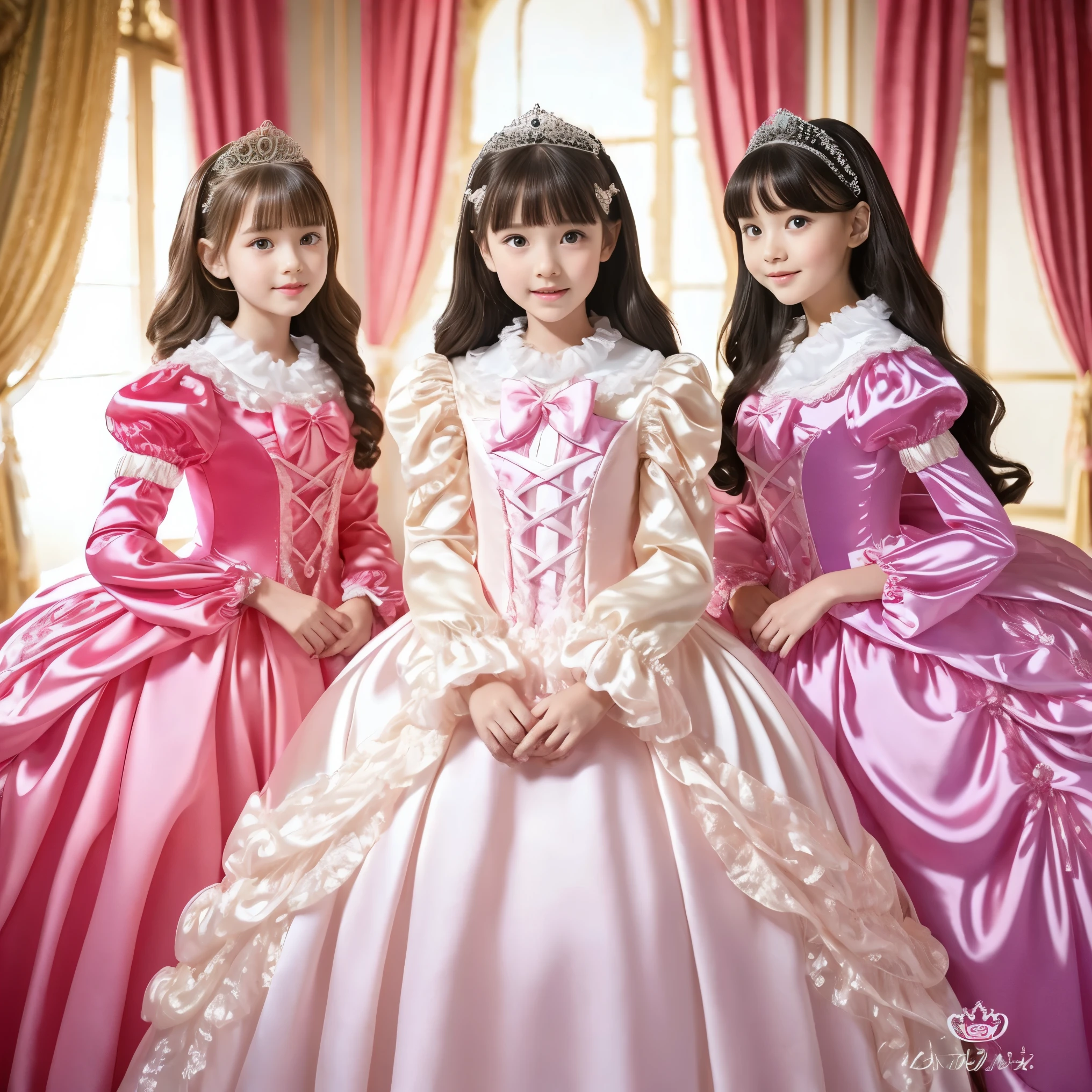,Highest Quality, masterpiece, highest resolution, Artwork, super それにget used to it, many get used to it, get used to it, それにget used to it, 3k photos,,(( 10 year old girl)),Get used to the ultra-fine young face,The three are princesses,long ball gown dress with hoop skirt,ruffled yoke collar,puff sleeve,long sleeve,((It features Lolita-style hot pink details、princess satin dress with lots of ruffles and bows featuring Lolita-inspired hot pink details)),rococo style lolita fashion,shiny satin dress,Soft Smooth Fabric,luxury,long blonde hair,blue eyes, WHITE SKINED EUROPEAN  , high quality background ,