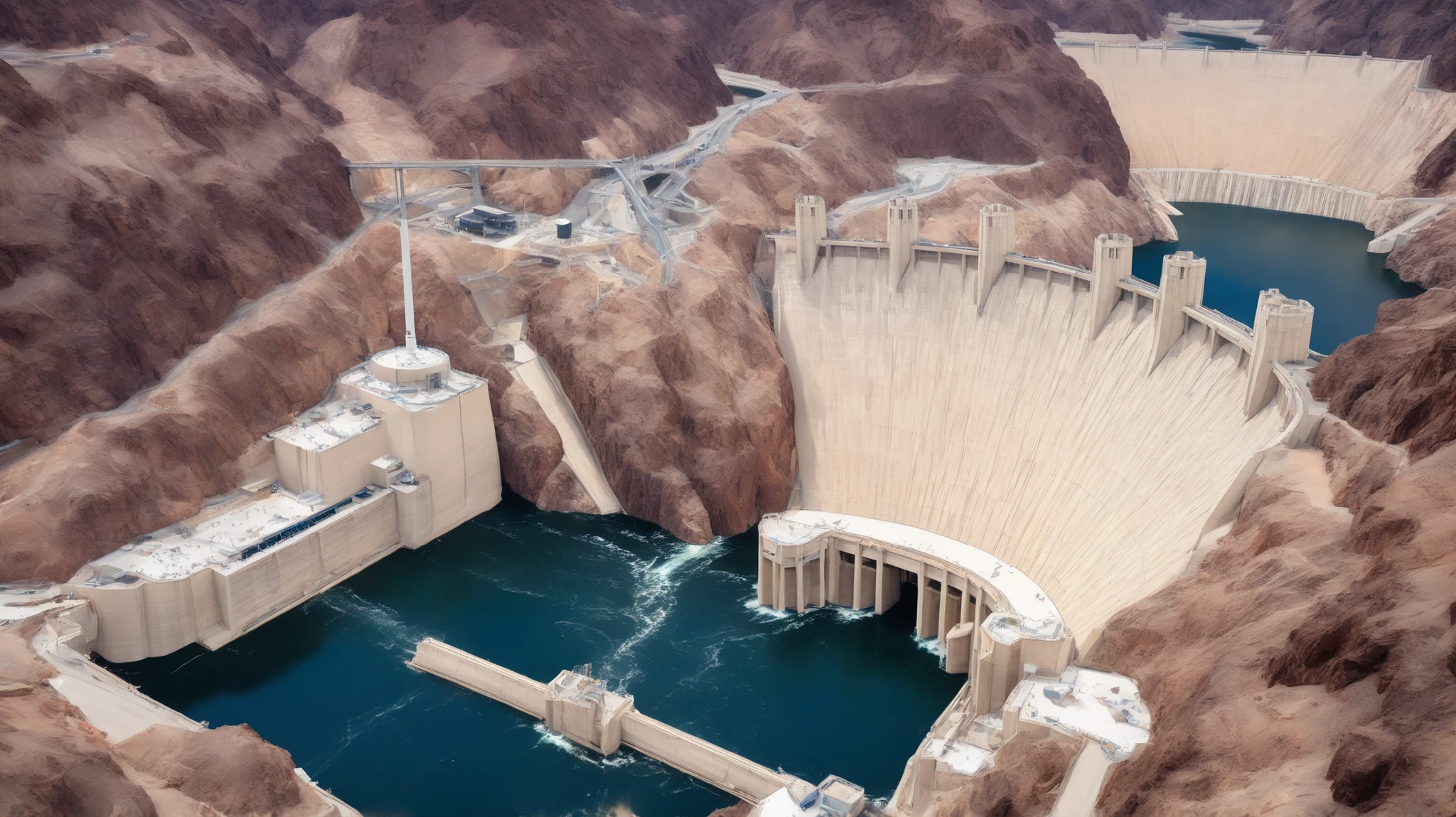 8k,ultra highres:high-definition images、(realistic expression:1.5),Nevada、(The huge Hoover Dam completed:1.5)、(Hoover Damの性格な構造と配置:1.5),(220m high gravity arch dam:1.5),(The majestic atmosphere of a supermassive structure:1.5),(Image taken from above:1.5),(There is a hydroelectric power station at the bottom of the dam:1.5),dammed the Colorado River、Lake Made was formed from stored water、fish at Lake Maid, jet ski, wait. You can、(The exterior of the majestic dam:1.5)、(mega structure:1.5),
