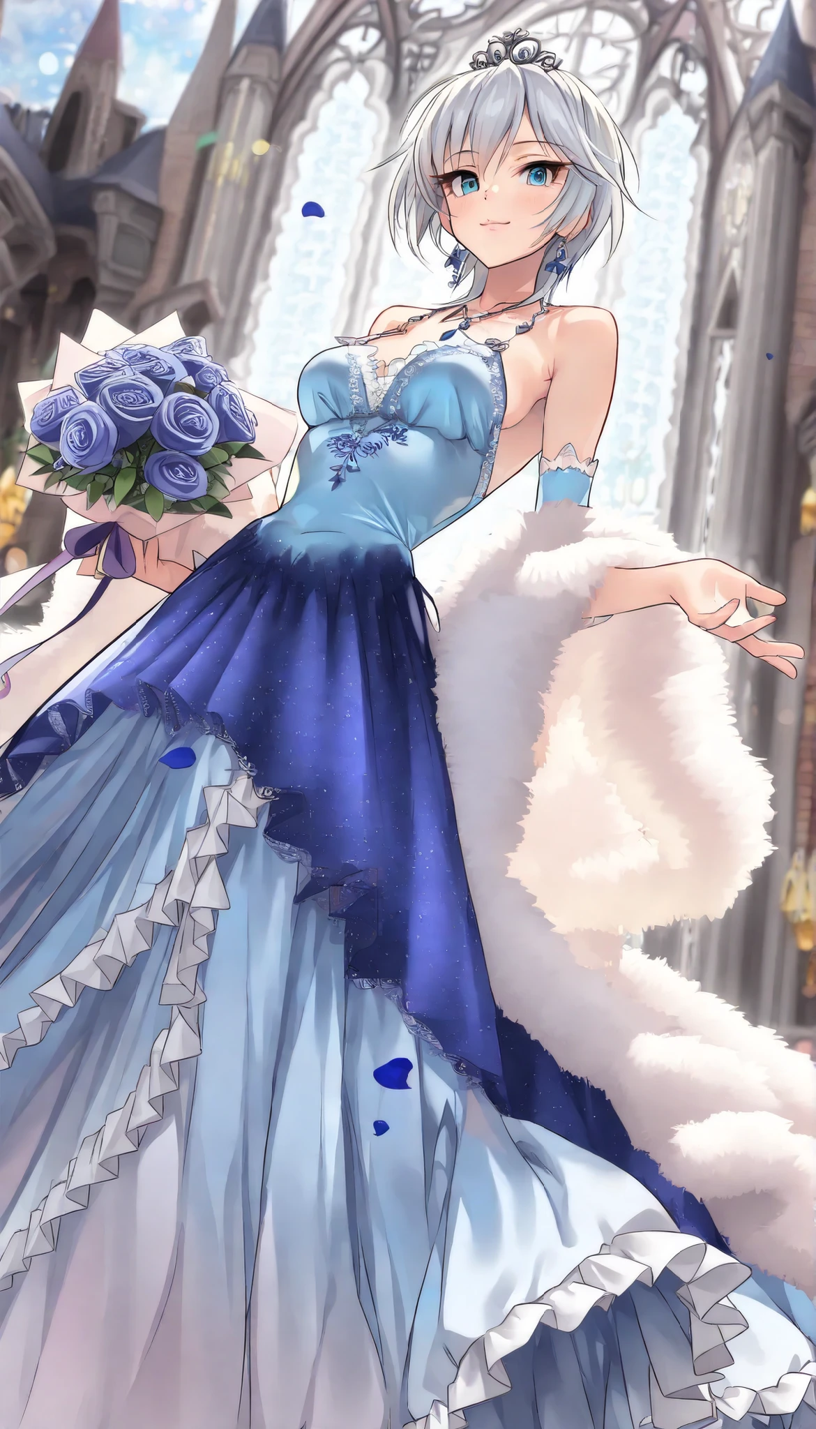 (Best Quality, super detailed, masterpiece, 8k, 16k, Wallpaper, Anatomically correct, fine detailed skin, fine detailed eyes, fine detailed hands, Accurate hands), beautiful night plain, starry sky, hight brightness, hight contrast, dazzlin light, 1 girl Standing against the backdrop of a (beautiful cinderella castle), (Anastasia), she is idolmaster cinderella Girls character, medium chests, pink lips, light smile, solo, looking at viewer, Holding a bouquet of purple rose, fantasy art, (medium sea blue colored princess dress:1.5), (beautiful fluffy long dress with intricate and detailed embroidery:1.4), (lots of frills and lace clothes:1.5), shiny glossy gradient iridescent clothes, princess tiara, earrings, hair ornaments, (beautiful long eyelashes), flower petals, Colorful light particles, detailed background, Depth of Field, bokeh, moya, lens flare, film reflections, a fantastic atmosphere, neon_silhouette