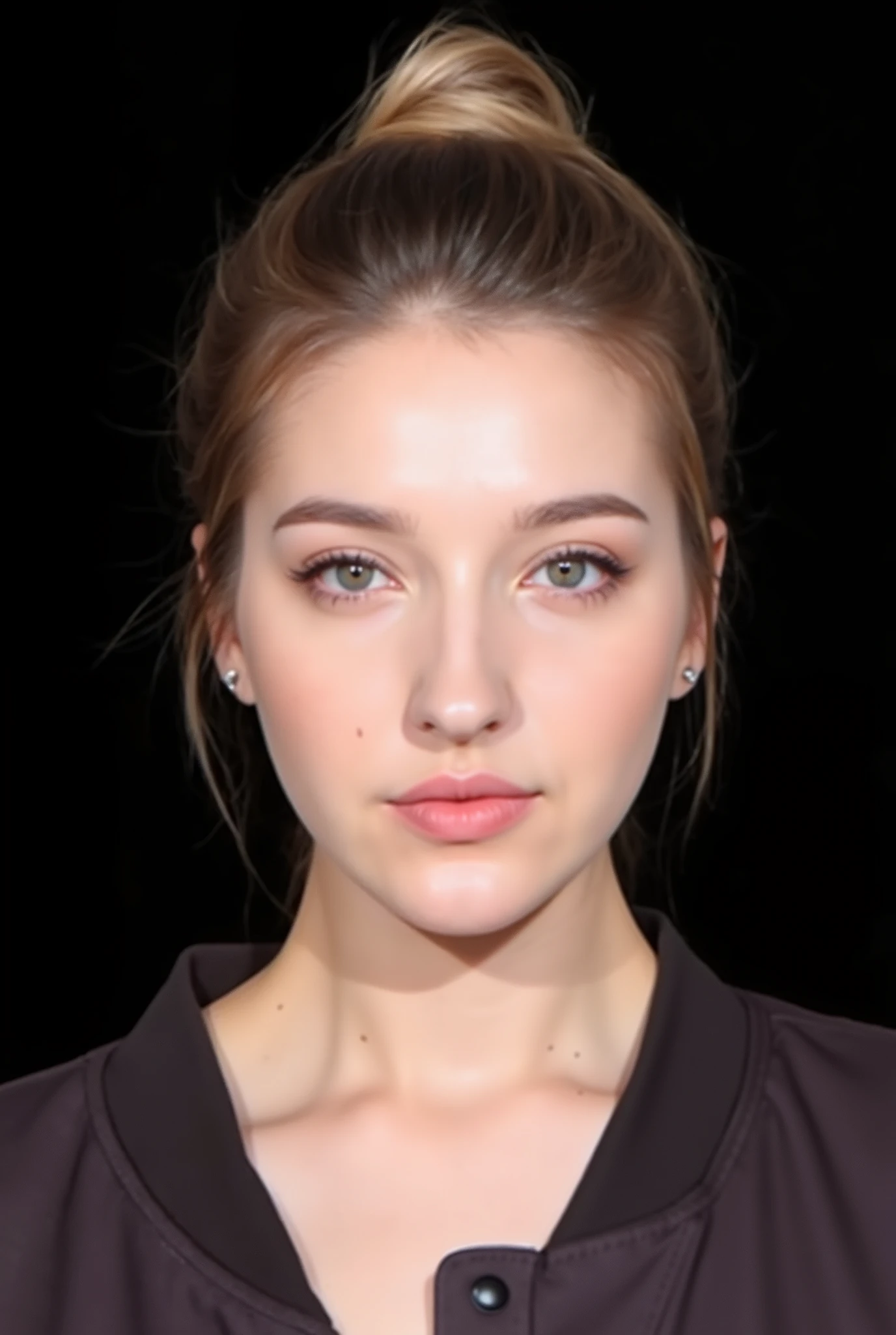 front profile photo, hair is tightly tied in a hairbun, no strand hair, , , bright front lighting on her face, no shadows on her face, she is facing forward, she is facing the camera, symmetrical face, dark background