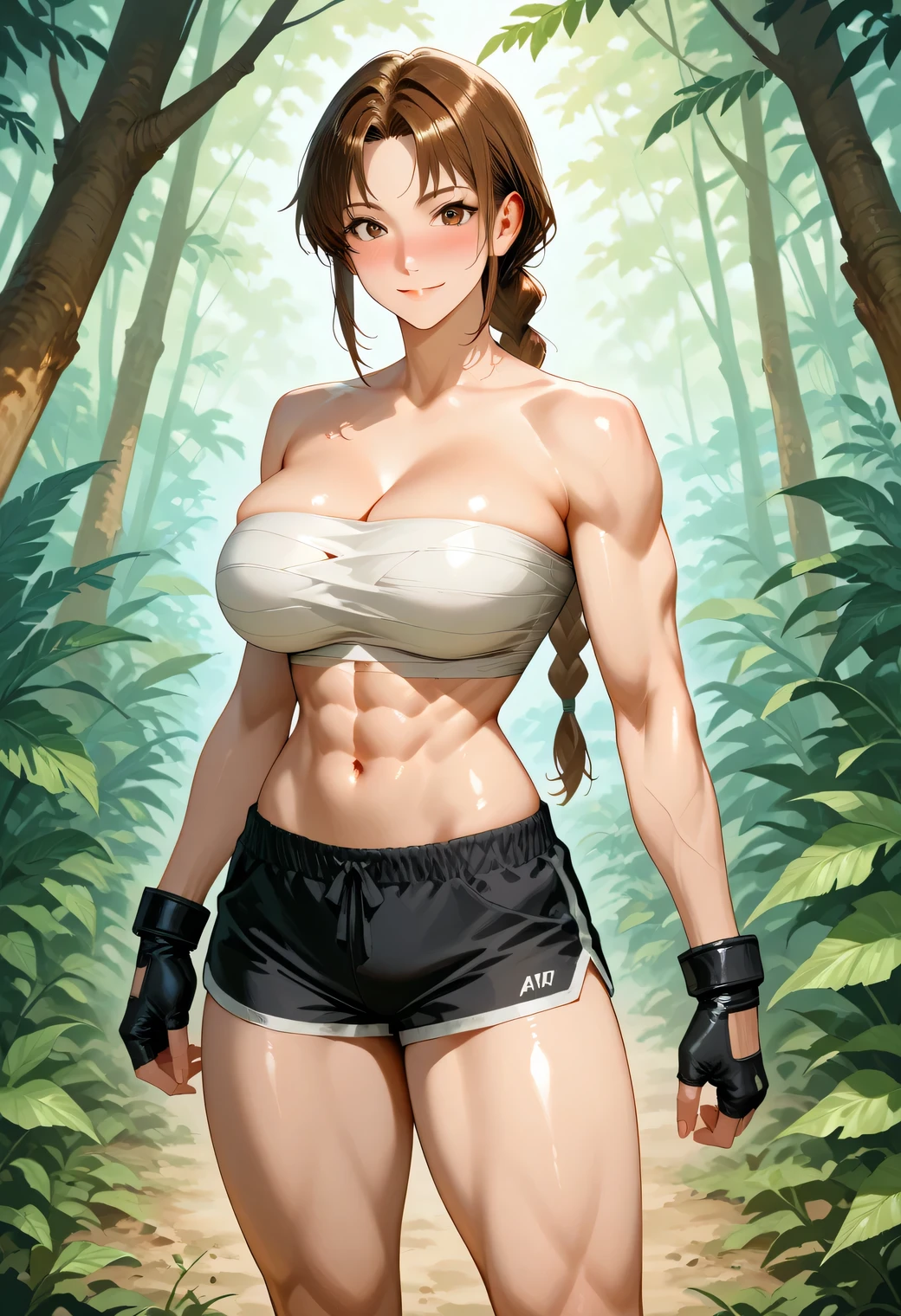 score_9, score_8_up, score_7_up, source_anime, BREAK, 1 girl, , brown hair, brown eyes,, ,, light smile, looking at viewer,, jungle, fingerless gloves, single braid , female character with a powerful, defined physique, featuring prominent biceps, broad shoulders, and a chiseled six-pack abdomen.,muscular body, toned abs with a defined six-pack, slim waist with visible abdominal lines, muscular arms with toned biceps and triceps, strong yet feminine shoulders, sculpted back muscles with athletic definition, thick thighs with visible quadriceps and calves, shapely , fitness model physique, strong and powerful yet curvy, highly detailed muscle definition across the whole body, , HUGE ,, looking at viewer, nose blush, shiny legs, shiny body, shiny hair, clear skin, clear body,jungle scene framed by a massive tree's roots, with dense green foliage, a winding path, and a small stream, set in a misty, serene wilderness, thick thigh,, thick thighs,, female,,, looking at viewer,,,,,, ,,, thick thigh, dynamic pose,, navel ,midriff,,, LOOKING AT VIEWER,, soft smile,, DYNAMIC POSE, STANDING, POSING, COWBOY SHOT, sarashi , sarashi <lora:Sarashi:1> black shorts