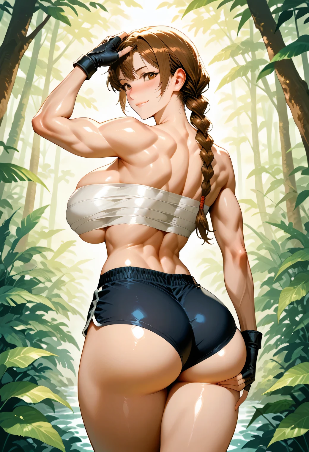 score_9, score_8_up, score_7_up, source_anime, BREAK, 1 girl, , brown hair, brown eyes,, ,, light smile, looking at viewer,, jungle, fingerless gloves, single braid , female character with a powerful, defined physique, featuring prominent biceps, broad shoulders, and a chiseled six-pack abdomen.,muscular body, toned abs with a defined six-pack, slim waist with visible abdominal lines, muscular arms with toned biceps and triceps, strong yet feminine shoulders, sculpted back muscles with athletic definition, thick thighs with visible quadriceps and calves, shapely , fitness model physique, strong and powerful yet curvy, highly detailed muscle definition across the whole body, , HUGE ,, looking at viewer, nose blush, shiny legs, shiny body, shiny hair, clear skin, clear body,jungle scene framed by a massive tree's roots, with dense green foliage, a winding path, and a small stream, set in a misty, serene wilderness, thick thigh,, thick thighs,, female,,, looking at viewer,,,,,, ,,, thick thigh, dynamic pose,, navel ,midriff,,, LOOKING AT VIEWER,, soft smile,, DYNAMIC POSE, STANDING, POSING, COWBOY SHOT, sarashi , sarashi <lora:Sarashi:1> black shorts, view , behind pose, looking , flashing, grabbing , flashing her