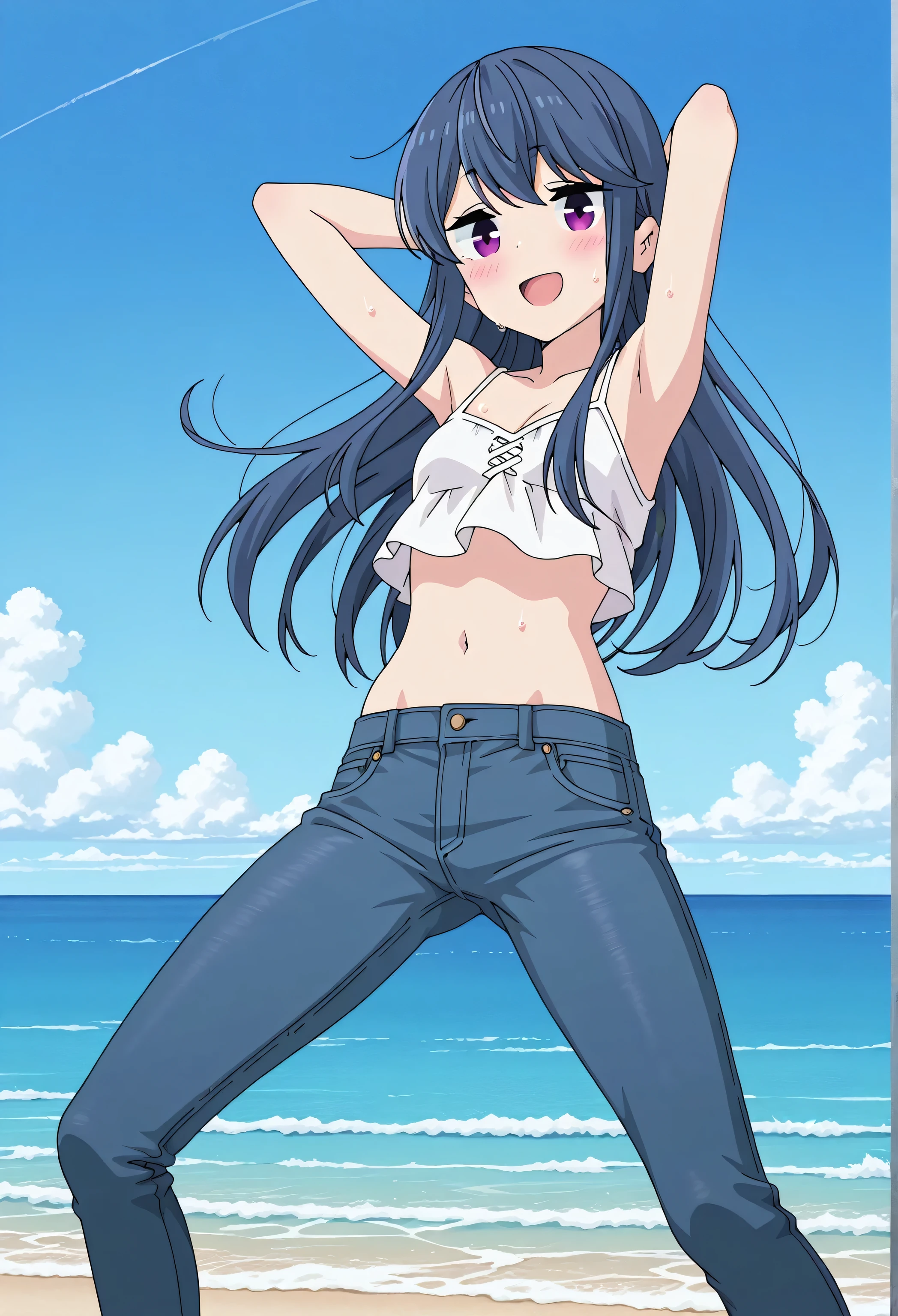 score_9, score_8_up, score_7_up, source_anime, highres, hi res, best quality, top quality, perfect quality, Highest Quality, amazing quality, masterpiece, 2d, intricate details, official style, anime, 4k, anime style, official_anime, 1 girl, Alone, solo, ((ocean)), tsunami, on the water, day, outdoors, sky, windy, rin shima, blue hair, purple eyes, sidelocks, long hair, small breasts, white camisole top, crop top, white crop top, best quality, ((blue jeans:1.9)), (dark blue jeans:0.6), full medium body, medium shot, Open mouth, smiling, happy face, blush, sweat, standing, arms behind head, bowlegged, jumping pose, action, looking at viewer, spread legs, Bend knees slightly, straight-on front view