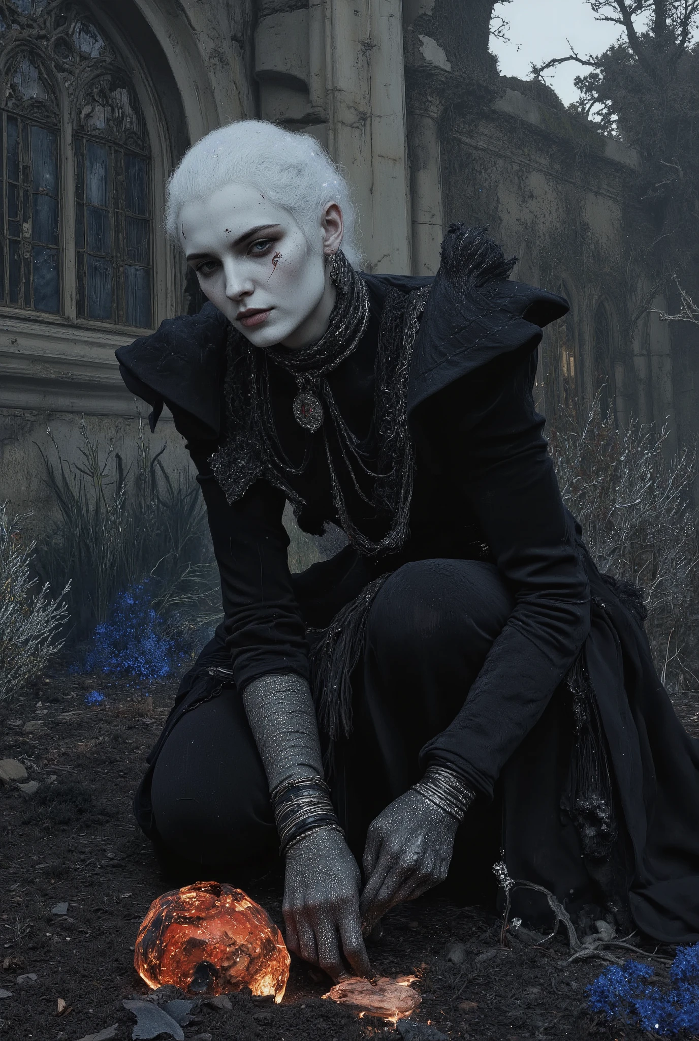 Epic cinematic portrait of a Gothic princess gardener, pale and elegant with a determined expression. She wears a tattered, once-opulent black velvet and lace gown, now stained with soil. Intricate silver jewelry adorns her neck and wrists. She is kneeling in a semi-ruined garden, gently planting a pitch-black rose with razor-sharp thorns into the ash-filled soil. The rose is unnaturally dark, absorbing light, with subtle deep crimson hues at the base of its petals. The garden is a hauntingly beautiful sanctuary amidst the ruins of a colossal Gothic castle. crumbling stone archways, broken stained-glass windows depicting forgotten saints, and the skeletons of dead trees draped with silver-thorned vines. other flora includes ashen lilies, silver-leafed weeds, and faintly glowing blue moss that illuminates the scene. The atmosphere is thick with mist and floating embers. The color palette is a monochromatic symphony of noir: charcoal, slate, ash-gray, and onyx, punctuated by the stark void-black of the roses and the subtle silver highlights. dramatic low-angle shot, chiaroscuro lighting from a single source—a cracked glowing crystal orb—casting long, deep shadows and highlighting the princess's pale skin and the rose's velvety texture. style of Anne Stokes and Victoria Frances meets dark fantasy concept art. hyper-detailed, photorealistic, volumetric mist, unreal engine 5, 8k.