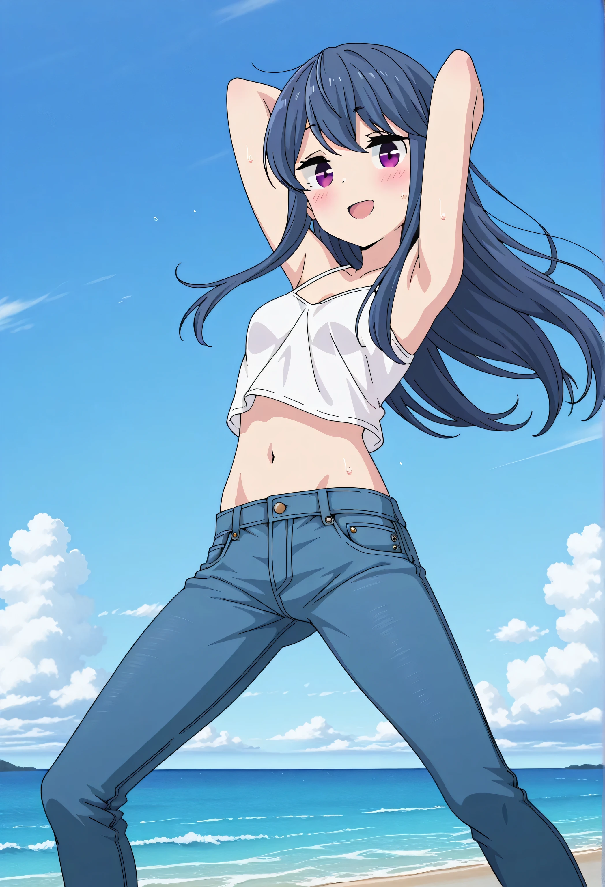 score_9, score_8_up, score_7_up, source_anime, highres, hi res, best quality, top quality, perfect quality, Highest Quality, amazing quality, masterpiece, 2d, intricate details, official style, anime, 4k, anime style, official_anime, 1 girl, Alone, solo, ((ocean)), tsunami, on the water, day, outdoors, sky, windy, rin shima, blue hair, purple eyes, sidelocks, long hair, small breasts, white camisole top, crop top, white crop top, best quality, ((blue jeans:1.9)), (dark blue jeans:0.6), full medium body, medium shot, Open mouth, smiling, happy face, blush, sweat, standing, arms behind head, bowlegged, jumping pose, action, looking at viewer, spread legs, Bend knees slightly, straight-on front view