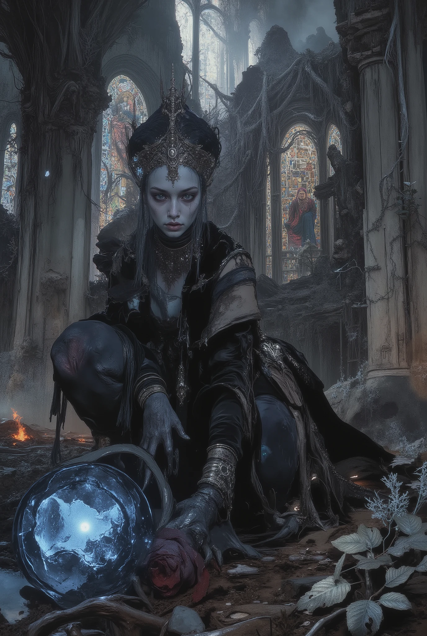 Epic cinematic portrait of a Gothic princess gardener, pale and elegant with a determined expression. She wears a tattered, once-opulent black velvet and lace gown, now stained with soil. Intricate silver jewelry adorns her neck and wrists. She is kneeling in a semi-ruined garden, gently planting a pitch-black rose with razor-sharp thorns into the ash-filled soil. The rose is unnaturally dark, absorbing light, with subtle deep crimson hues at the base of its petals. The garden is a hauntingly beautiful sanctuary amidst the ruins of a colossal Gothic castle. crumbling stone archways, broken stained-glass windows depicting forgotten saints, and the skeletons of dead trees draped with silver-thorned vines. other flora includes ashen lilies, silver-leafed weeds, and faintly glowing blue moss that illuminates the scene. The atmosphere is thick with mist and floating embers. The color palette is a monochromatic symphony of noir: charcoal, slate, ash-gray, and onyx, punctuated by the stark void-black of the roses and the subtle silver highlights. dramatic low-angle shot, chiaroscuro lighting from a single source—a cracked glowing crystal orb—casting long, deep shadows and highlighting the princess's pale skin and the rose's velvety texture. style of Anne Stokes and Victoria Frances meets dark fantasy concept art. hyper-detailed, photorealistic, volumetric mist, unreal engine 5, 8k.