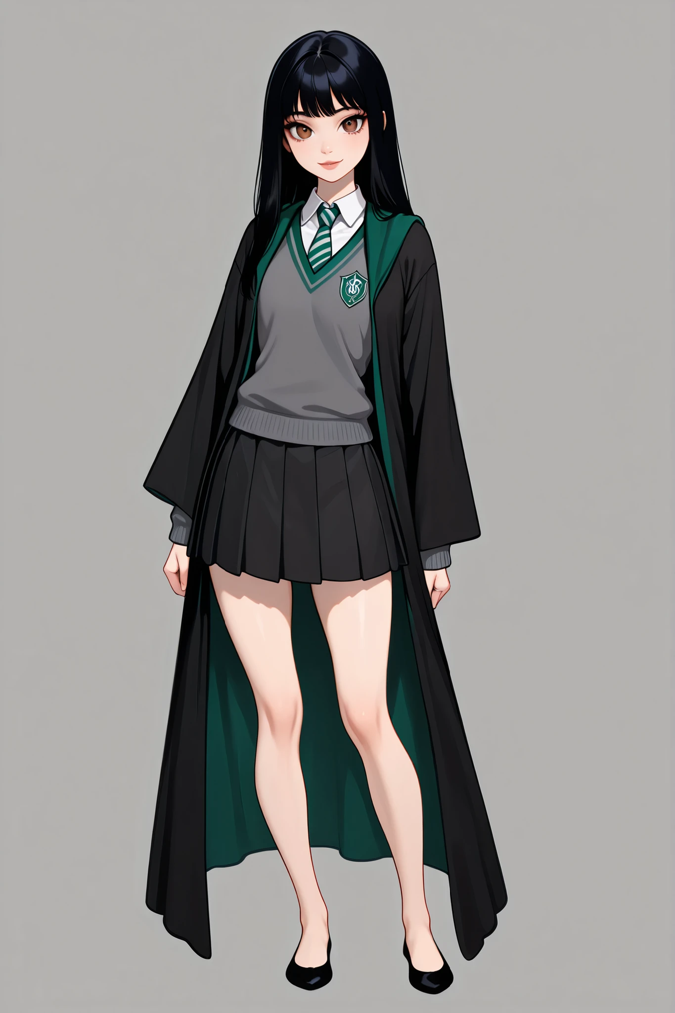score_9, score_8_up, score_7_up, best quality, masterpiece, 4k resolution, 1girl, solo, youthful, beautiful, full body, long straight hair, pitch black hair, brown eyes, sharp eyes, looking at viewer, elegant posture, bare legs, smooth body, clean skin,  hogwarts uniform, slytherin, black robe, necktie, striped necktie, collared shirt, sweater, pleated skirt, grey sweater, flats, ballet shoes, black shoes, vibrant expression,