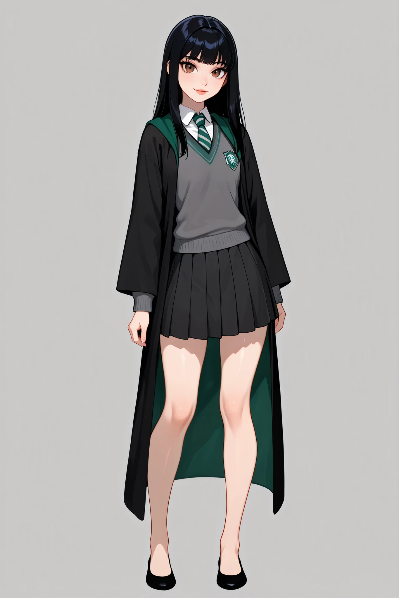 score_9, score_8_up, score_7_up, best quality, masterpiece, 4k resolution, 1girl, solo, youthful, beautiful, full body, long straight hair, pitch black hair, brown eyes, sharp eyes, looking at viewer, elegant posture, bare legs, smooth body, clean skin, hogwarts uniform, slytherin, black robe, necktie, striped necktie, collared shirt, sweater, pleated skirt, grey sweater, flats, ballet shoes, black shoes, vibrant expression,