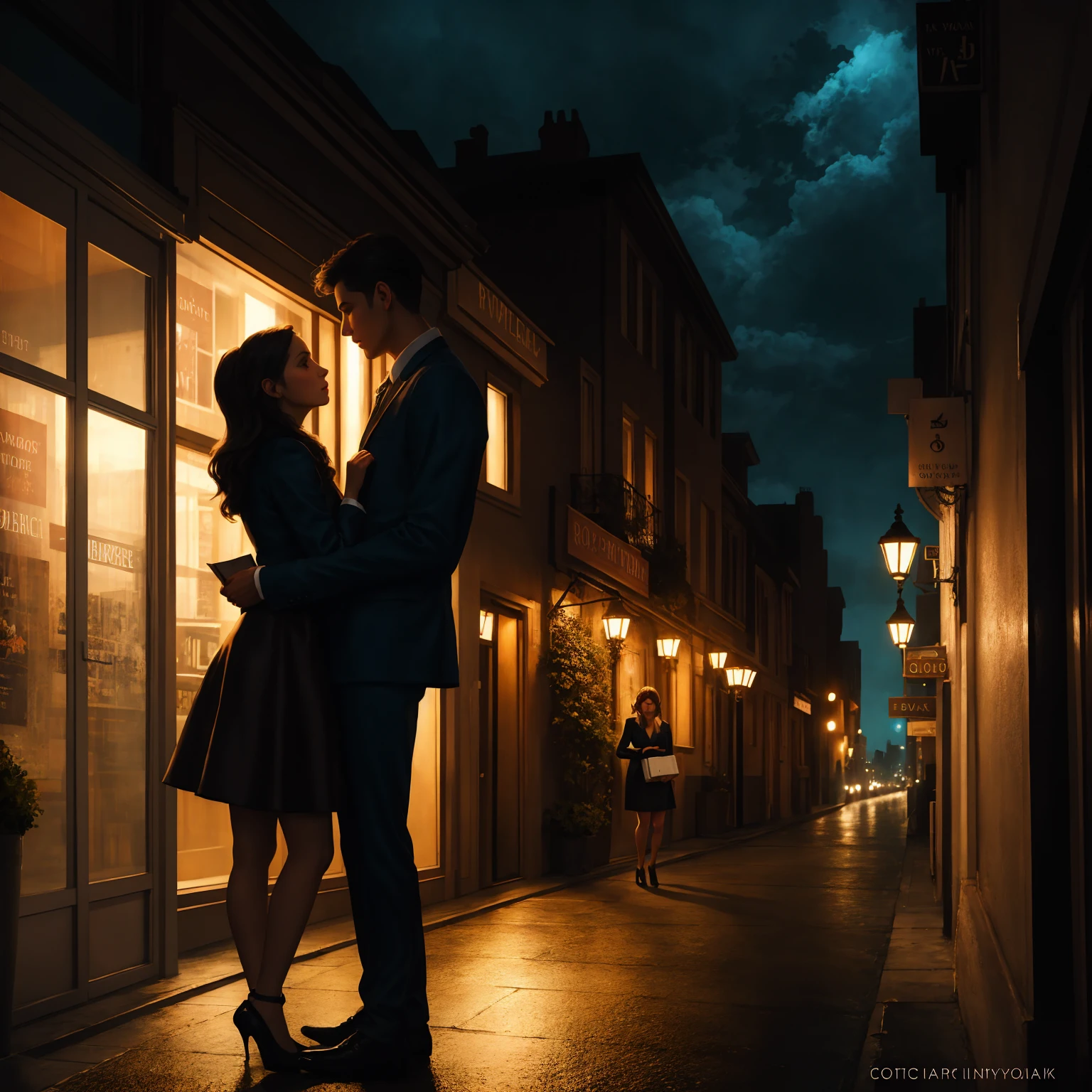 Couple kissing goodbye on an empty street, At night, street lamps illuminated the two of them, foto realista, Qualitatively detailed faces are drawn