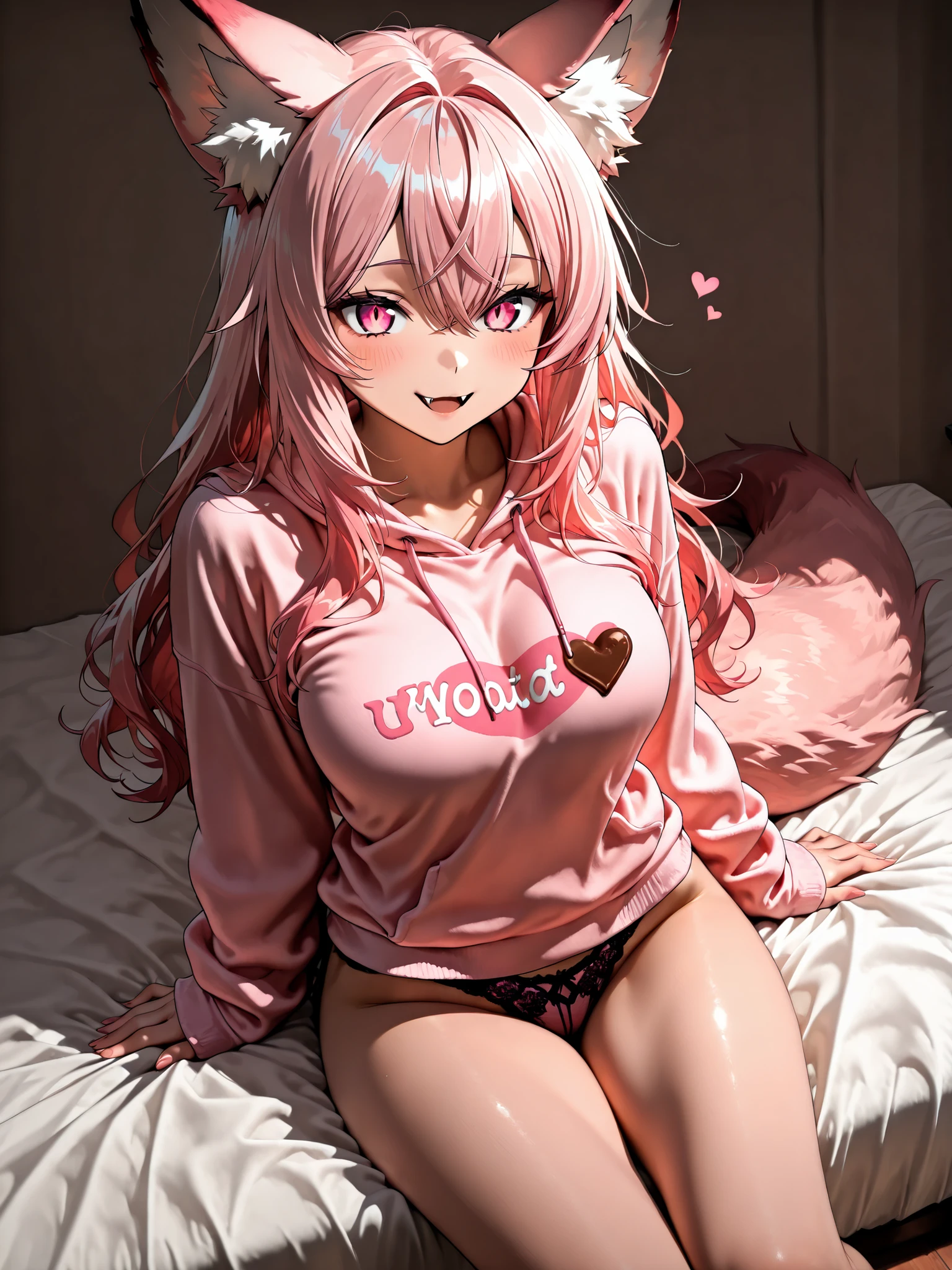  high angle, (masterpiece, 4k, ultra detailed, vivid and warm colors), {1woman}: (a woman with a sensual and attractive body, expressive pink eyes, long pink hair, cute fox ears and tail pink, a pastel pink sweatshirt with a chocolate and hearts print, the sweatshirt is long and goes to the beginning of the thigh, underneath she wears pink lace panties, sitting, her hands resting on the bed, looking forward with a cute expression showing her fangs), no background
