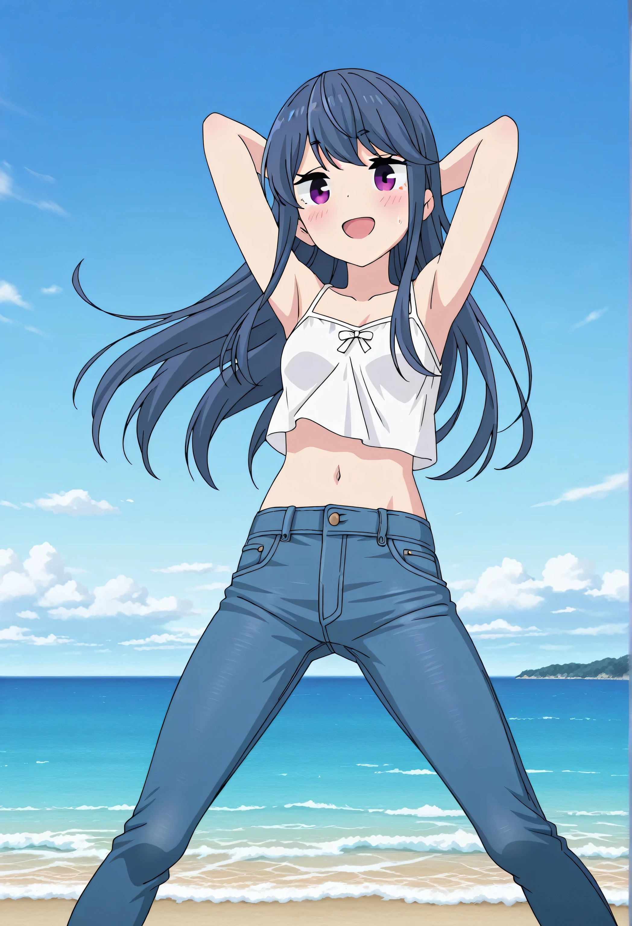 score_9, score_8_up, score_7_up, source_anime, highres, hi res, best quality, top quality, perfect quality, Highest Quality, amazing quality, masterpiece, 2d, intricate details, official style, anime, 4k, anime style, official_anime, official art, digital painting, cell shading, soft shading, 1 girl, Alone, solo, ((ocean)), tsunami, on the water, day, outdoors, sky, windy, rin shima, blue hair, purple eyes, sidelocks, long hair, small breasts, white camisole top, crop top, white crop top, best quality, ((blue jeans:1.9)), (dark blue jeans:0.6), full medium body, medium shot, Open mouth, smiling, happy face, blush, sweat, standing, arms behind head, bowlegged, jumping pose, action, looking at viewer, spread legs, Bend knees slightly, straight-on front view