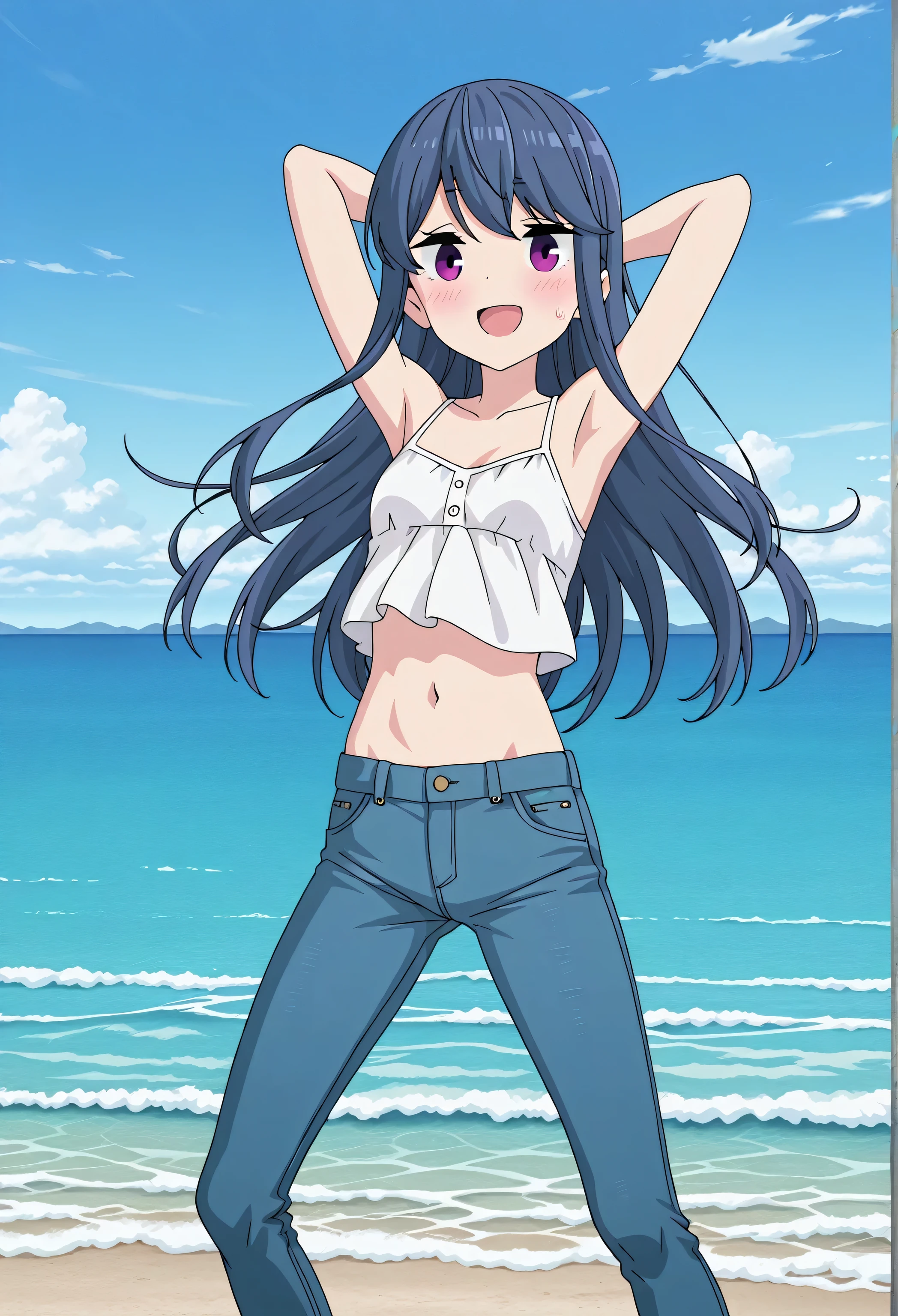 score_9, score_8_up, score_7_up, source_anime, highres, hi res, best quality, top quality, perfect quality, Highest Quality, amazing quality, masterpiece, 2d, intricate details, official style, anime, 4k, anime style, official_anime, official art, digital painting, cell shading, soft shading, 1 girl, Alone, solo, ((ocean)), tsunami, on the water, day, outdoors, sky, windy, rin shima, blue hair, purple eyes, sidelocks, long hair, small breasts, white camisole top, crop top, white crop top, best quality, ((blue jeans:1.9)), (dark blue jeans:0.6), full medium body, medium shot, Open mouth, smiling, happy face, blush, sweat, standing, arms behind head, bowlegged, jumping pose, action, looking at viewer, spread legs, Bend knees slightly, straight-on front view