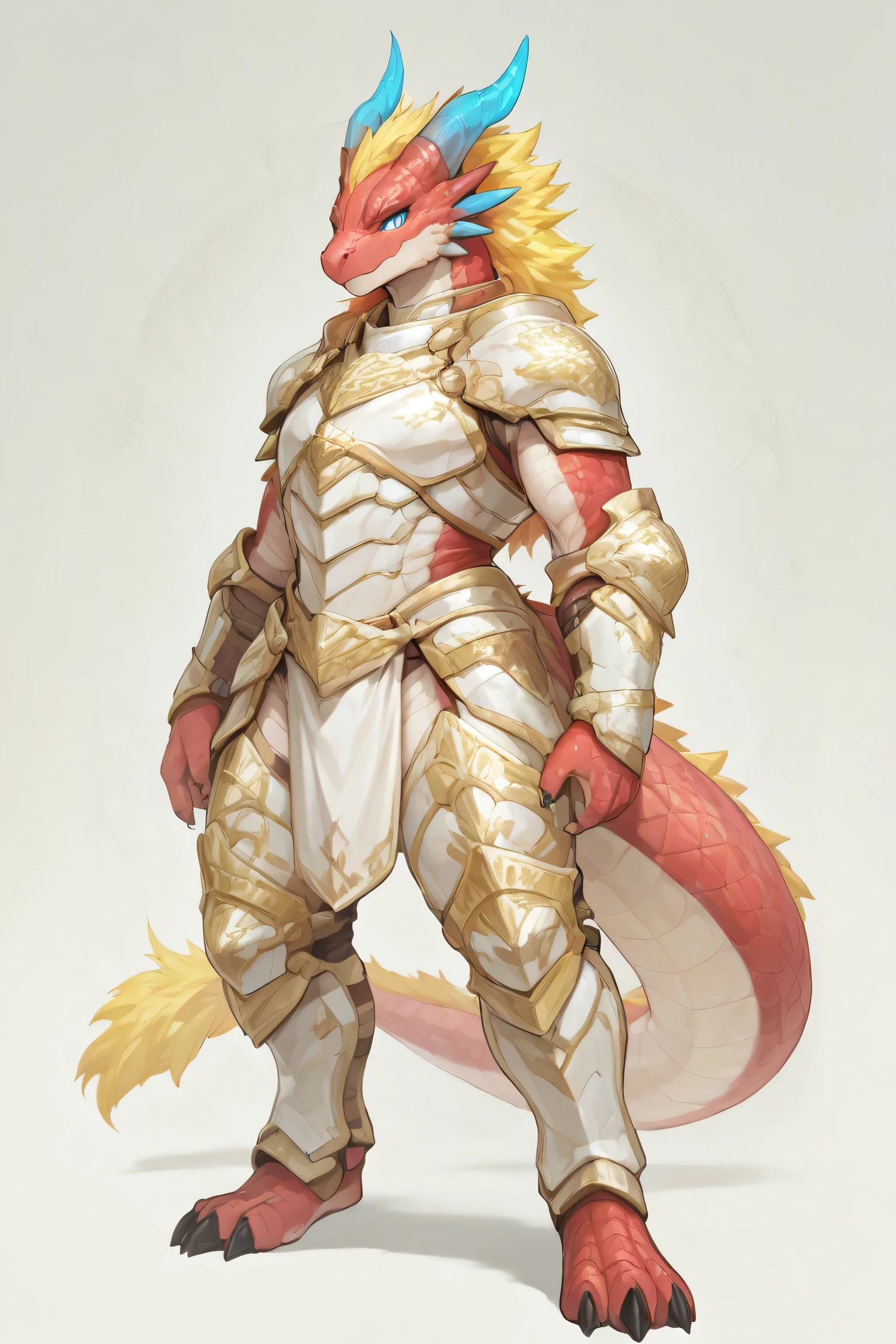 4g1typ3,Kobold, furry dragon, dragon ears, tail, short stature, short, magenta and baige body,scales,scalie, muscular, standing, male, solo, blue and red horns, tail, black claws, blue eyes, yellow and red mane, tail mane, white and gold arm0rs3nt1n3l
