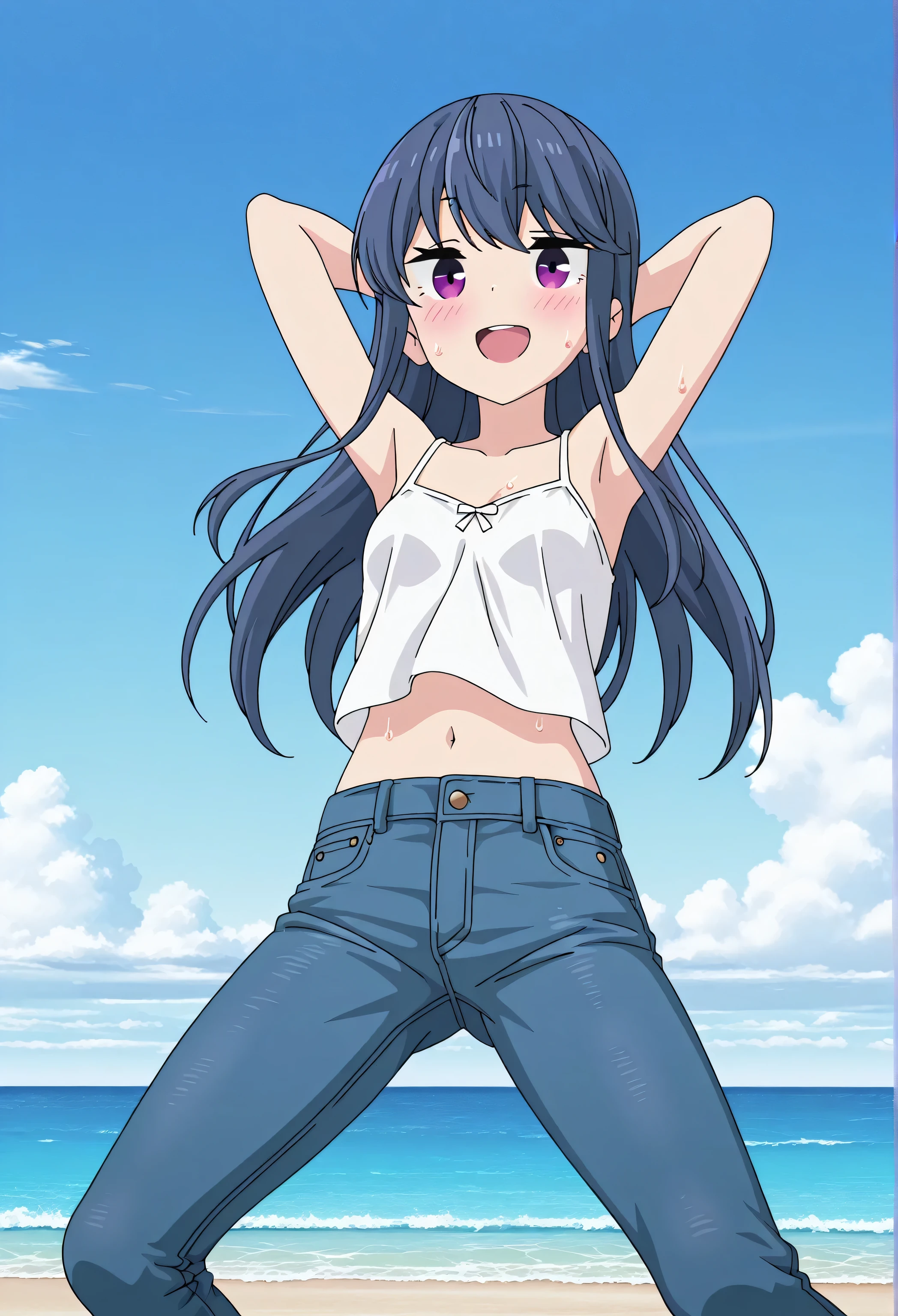 score_9, score_8_up, score_7_up, source_anime, highres, hi res, best quality, top quality, perfect quality, Highest Quality, amazing quality, masterpiece, 2d, intricate details, official style, anime, 8k, anime style, official_anime, official art, digital painting, cell shading, soft shading, high resolution, HDR, intricately and hyper-detailed, 1 girl, Alone, solo, ((ocean)), tsunami, on the water, day, outdoors, sky, windy, rin shima, blue hair, purple eyes, sidelocks, long hair, small breasts, white camisole top, crop top, white crop top, best quality, ((blue jeans:1.9)), (dark blue jeans:0.6), full medium body, medium shot, Open mouth, smiling, happy face, blush, sweat, standing, arms behind head, bowlegged, jumping pose, action, looking at viewer, spread legs, Bend knees slightly, straight-on front view