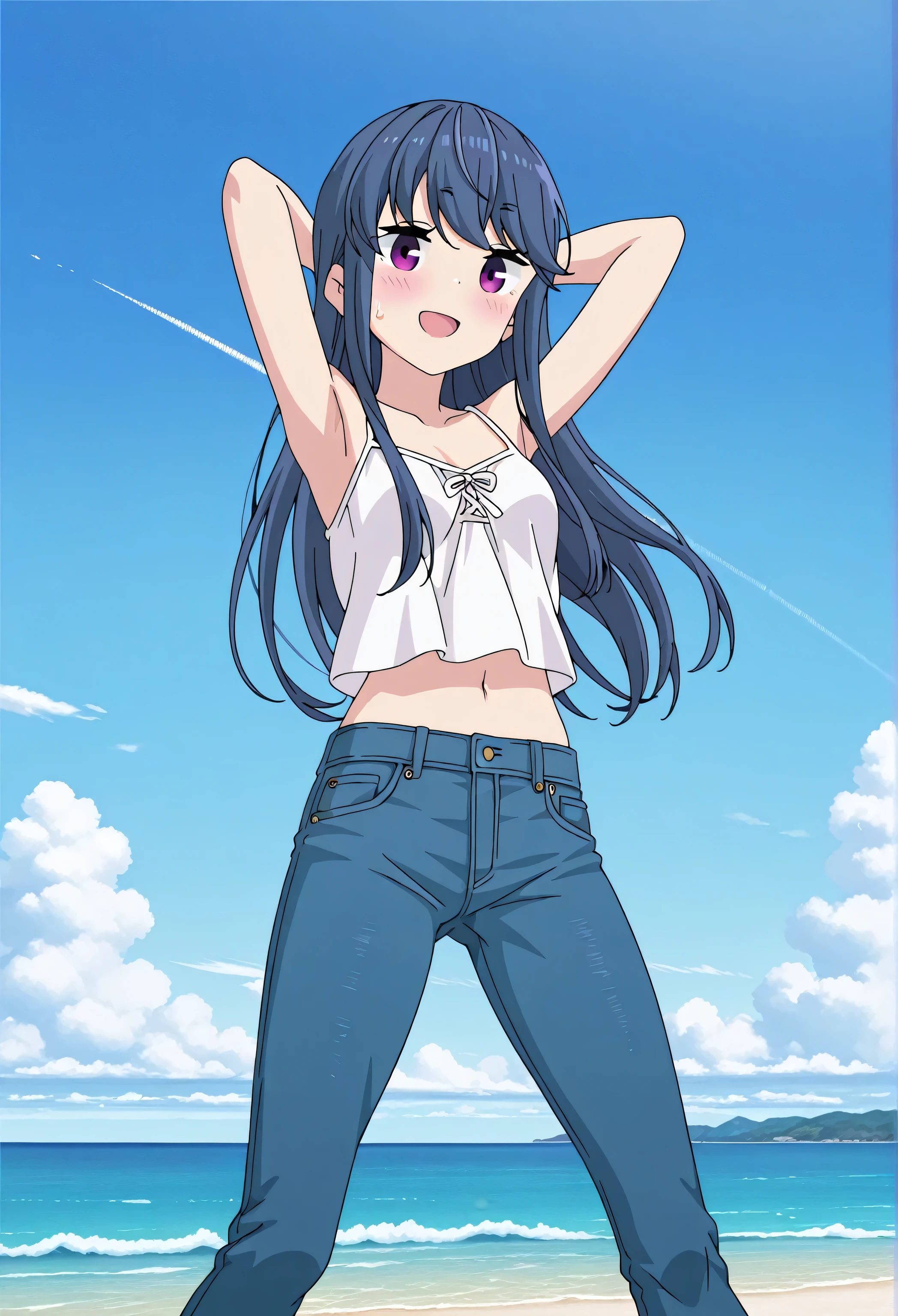 score_9, score_8_up, score_7_up, source_anime, highres, hi res, best quality, top quality, perfect quality, Highest Quality, amazing quality, masterpiece, 2d, intricate details, official style, anime, 4k, anime style, official_anime, official art, digital painting, cell shading, soft shading, 1 girl, Alone, solo, ((ocean)), tsunami, on the water, day, outdoors, sky, windy, rin shima, blue hair, purple eyes, sidelocks, long hair, small breasts, white camisole top, crop top, white crop top, best quality, ((blue jeans:1.9)), (dark blue jeans:0.6), full medium body, medium shot, Open mouth, smiling, happy face, blush, sweat, standing, arms behind head, bowlegged, jumping pose, action, looking at viewer, spread legs, Bend knees slightly, straight-on front view