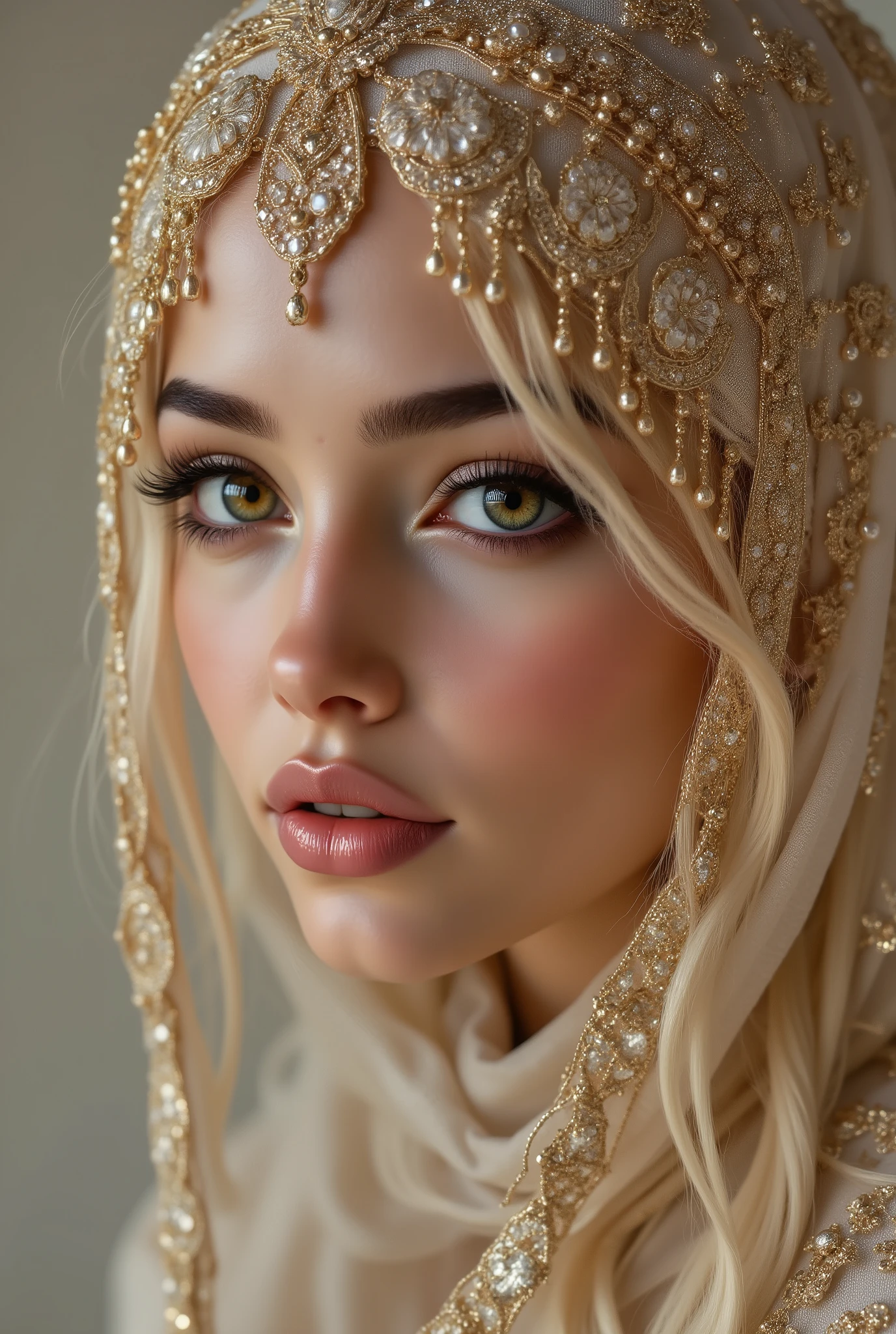  Portrait of an Arabian princess, a fairy-tale image, fantastic backgrounds, a magical fairy-tale atmosphere, [cowbow shot:1.4], [she has a veil-mask and [falling fringes (gold-chaining)] cover the lower part of the face] , [Cashmere material, delicate embroidery], Ultra-realistic (photorealistic Realism), (ultra realistic texture details: velvety skin, hair), (Key Directive: - "The priority is the anatomical accuracy and texture of the materials" - "Ultra-sharp human eyes with biological accuracy") Eyes: "(acid-resistant terminology) (macro-details:1 . 55): * Moist corneal surface (visible aqueous layer:1 . 2) * Hyper-detailed iris stroma ((brown) with gold flecks) * Precise limbal ring (slightly darker pigmentation:1 . 2) * Pupil micro-texture (irregular edge authenticity:0 . 9) * Vasculature in sclera (subtle red veins radiating from limbus)" - "Lashes: blue individual synthetic fibers (crosshatched roots:1 . 2 , clump-free separation)" Technical Specs: (Optics: - "Zeiss Otus85mm f/1 . 4 lens (eye refraction calculations:1 . 13)" - "Shutter Speed:1/500 (freeze eye micro-movements)") - ("Focus Stacking:7-point coverage on iris plane"). "(blonde hair (very short hair, slicked to one side) intricately detailed)" (Post-Processing: - "Frequency separation for skin vs eye details" - "Selective sharpening: eyes200% , hair150%" - "Denoise: luminance20 , color35 (retain corneal speculars)") (Avoid: "pupil distortion , uncanny valley asymmetry , plastic-like wetness")