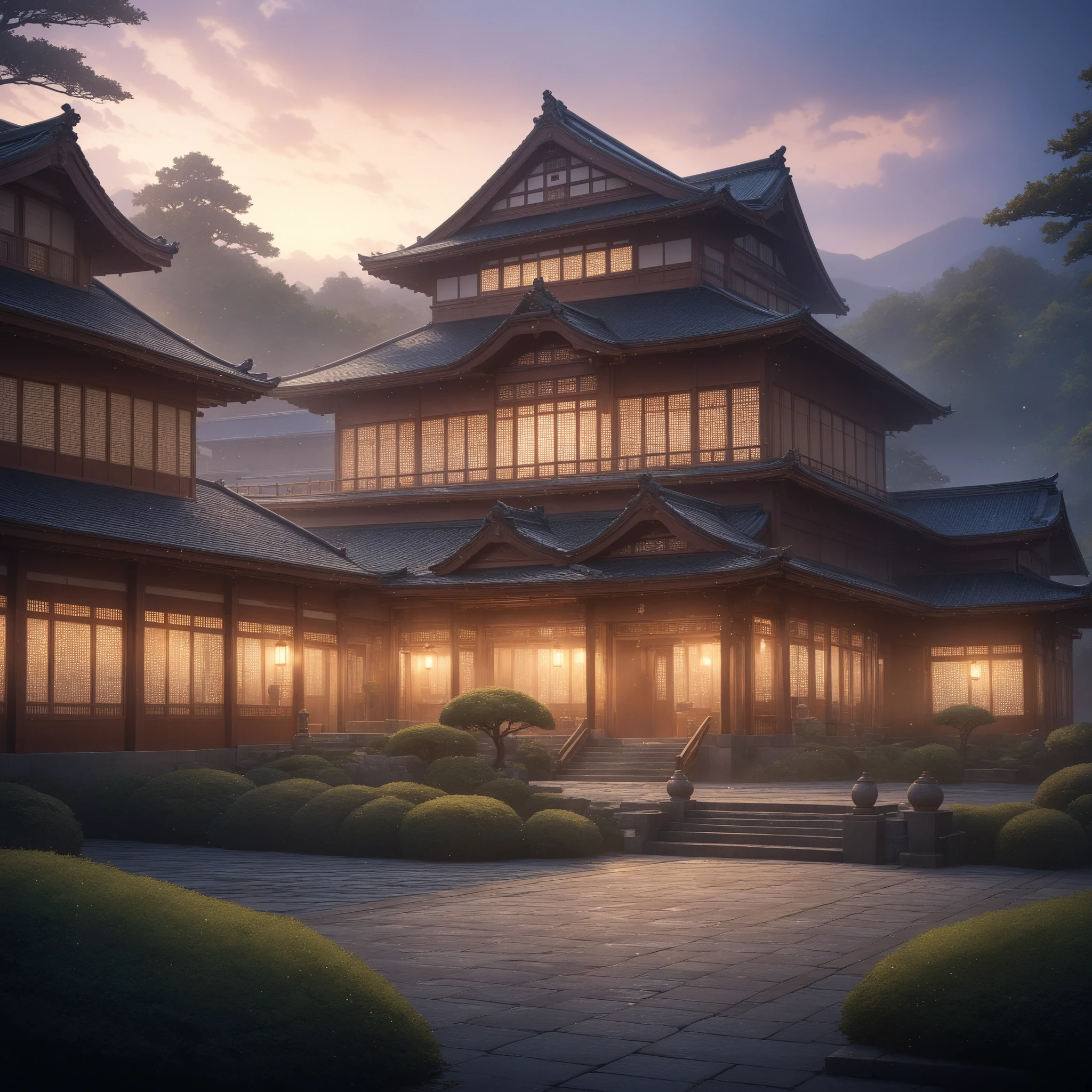 Japanese anime illustration, (detailed depiction of a large Japanese mansion from the Showa era: 1.2), misty background, very high resolution, masterpiece, top quality, professional photography, pointillism, cinematic lighting, depth of field