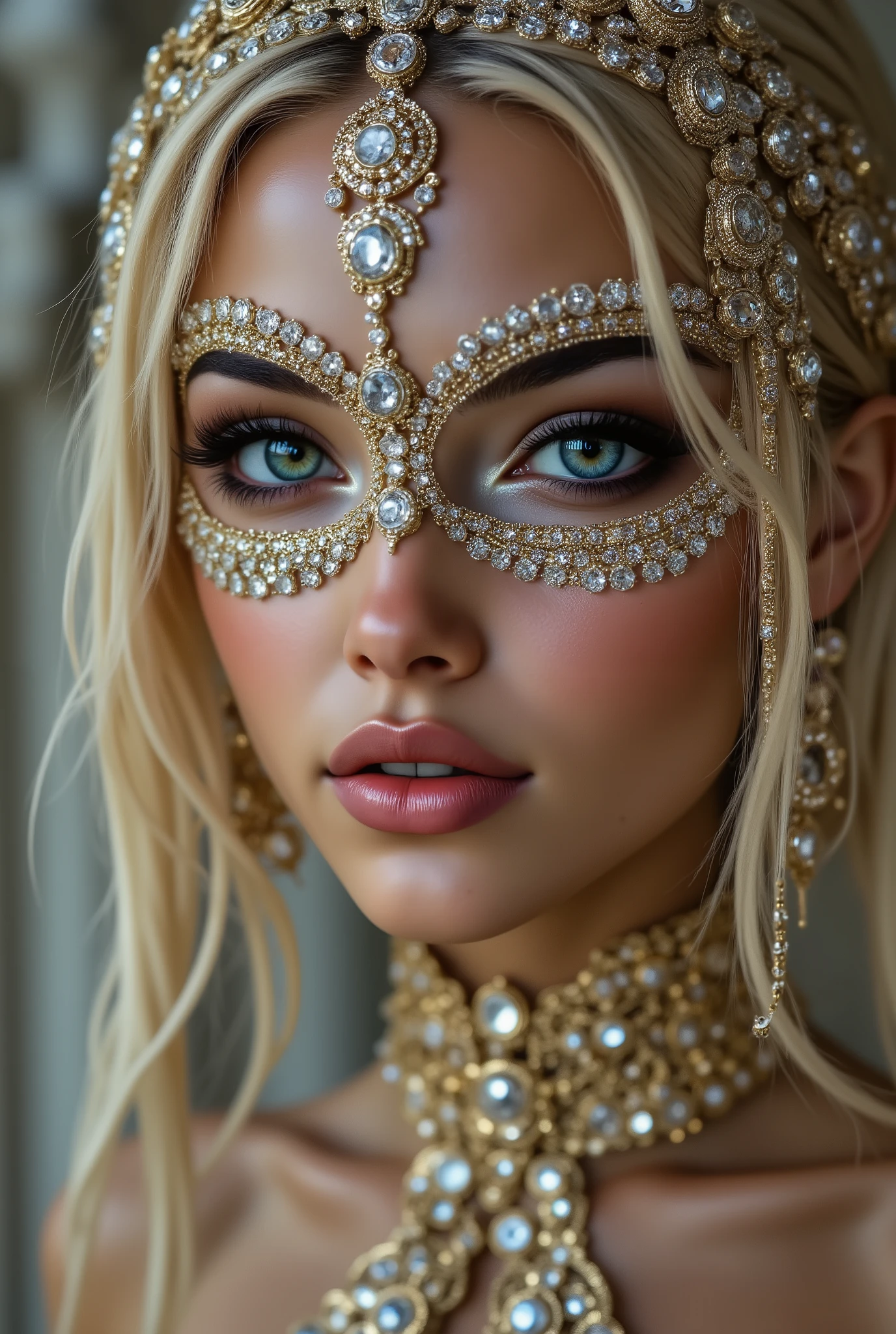  Portrait of an Arabian princess, a fairy-tale image, fantastic backgrounds, a magical fairy-tale atmosphere, [shot to the upper body (up to the waist):1.4], [she has a diamond mask to which is attached (below) a falling veil of densely woven fringes of (gold chains adorned with jewels), the fringes covering the lower part of her face], Ultra-realistic (photorealistic Realism), (ultra realistic texture details: velvety skin, hair), (Key Directive: - "The priority is the anatomical accuracy and texture of the materials" - "Ultra-sharp human eyes with biological accuracy") Eyes: "(acid-resistant terminology) (macro-details:1 . 55): * Moist corneal surface (visible aqueous layer:1 . 2) * Hyper-detailed iris stroma ((brown) with gold flecks) * Precise limbal ring (slightly darker pigmentation:1 . 2) * Pupil micro-texture (irregular edge authenticity:0 . 9) * Vasculature in sclera (subtle red veins radiating from limbus)" - "Lashes: blue individual synthetic fibers (crosshatched roots:1 . 2 , clump-free separation)" Technical Specs: (Optics: - "Zeiss Otus85mm f/1 . 4 lens (eye refraction calculations:1 . 13)" - "Shutter Speed:1/500 (freeze eye micro-movements)") - ("Focus Stacking:7-point coverage on iris plane"). "(blonde hair (very short hair:1.33), (slicked to one side:1.3) intricately detailed:1.35)" (Post-Processing: - "Frequency separation for skin vs eye details" - "Selective sharpening: eyes200% , hair150%" - "Denoise: luminance20 , color35 (retain corneal speculars)") (Avoid: "pupil distortion , uncanny valley asymmetry , plastic-like wetness")