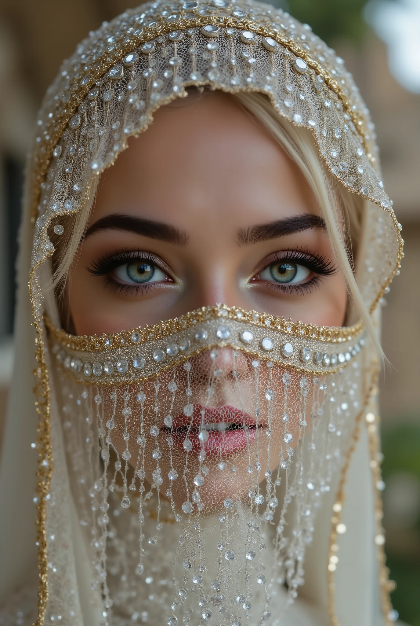 Portrait of an Arab princess, fairy tale image, Fantastic backgrounds, magical atmosphere, [upper body shot:1.23], [she has a diamond mask, attached falling veil of densely woven fringes (gold chains decorated with jewels), covering the lower part of her face], Ultra-realistic (photorealistic Realism), (ultra realistic texture details: velvety skin, hair), (Key Directive: - "The priority is the anatomical accuracy and texture of the materials" - "Ultra-sharp human eyes with biological accuracy") "Eyes: (acid-resistant terminology) (macro-details:1 . 55): * Moist corneal surface (visible aqueous layer:1 . 2) * Hyper-detailed iris stroma ((brown) with gold flecks) * Precise limbal ring (slightly darker pigmentation:1 . 2) * Pupil micro-texture (irregular edge authenticity:0 . 9) * Vasculature in sclera (subtle red veins radiating from limbus)" - "Lashes: blue individual synthetic fibers (crosshatched roots:1 . 2 , clump-free separation)" Technical Specs: (Optics: - "Zeiss Otus85mm f/1 . 4 lens (eye refraction calculations:1 . 13)" - "Shutter Speed:1/500 (freeze eye micro-movements)") - ("Focus Stacking:7-point coverage on iris plane"). "(blonde hair (very short hair:1.33), (slicked to one side:1.3) intricately detailed:1.35)" (Post-Processing: - "Frequency separation for skin vs eye details" - "Selective sharpening: eyes200% , hair150%" - "Denoise: luminance20 , color35 (retain corneal speculars)") (Avoid: "pupil distortion , uncanny valley asymmetry , plastic-like wetness")