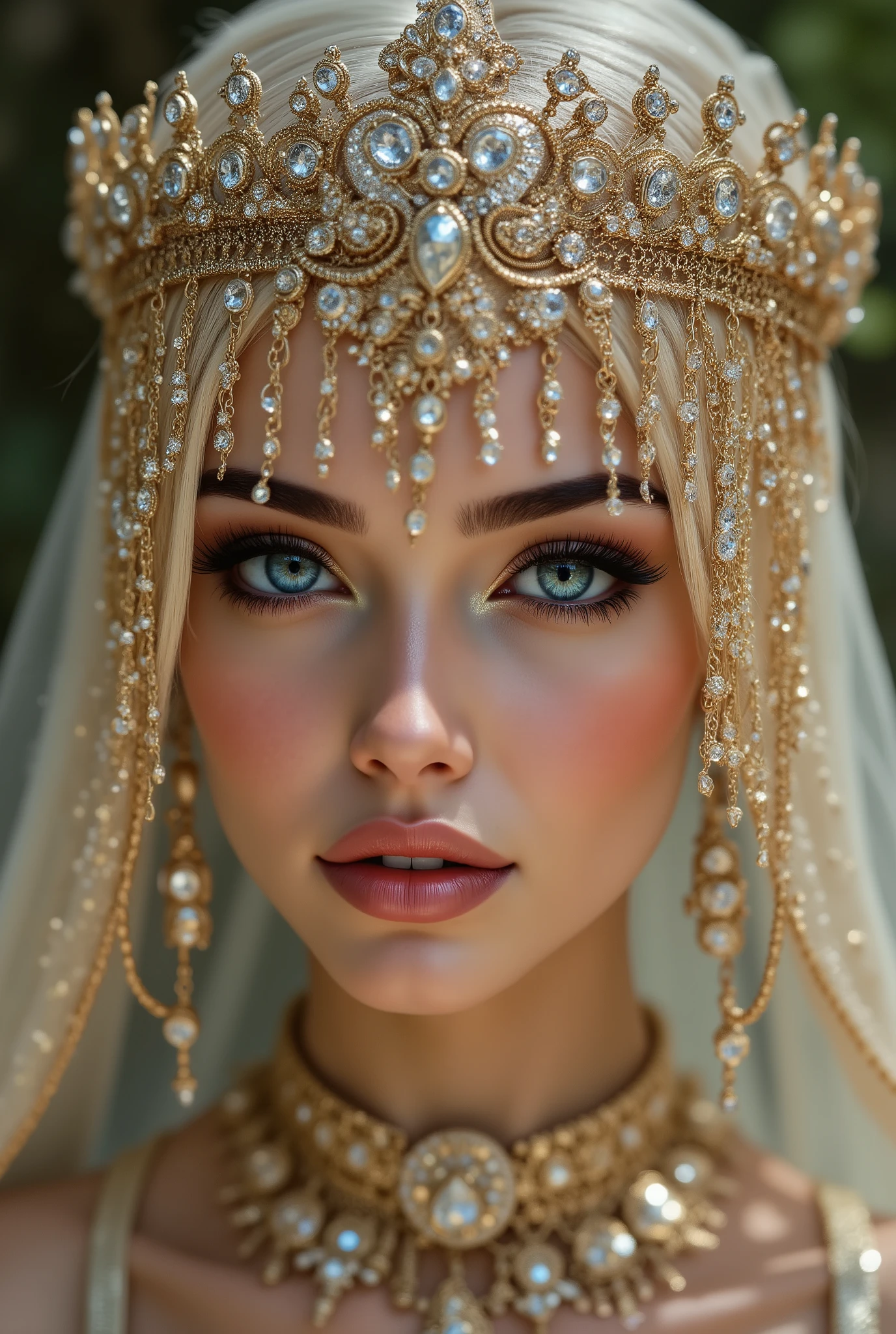 Portrait of an Arab princess, fairy tale image, Fantastic backgrounds, magical atmosphere, [upper body shot:1.23], [she has a diamond mask, attached falling veil of densely woven fringes (gold chains decorated with jewels), covering the lower part of her face], Ultra-realistic (photorealistic Realism), (ultra realistic texture details: velvety skin, hair), (Key Directive: - "The priority is the anatomical accuracy and texture of the materials" - "Ultra-sharp human eyes with biological accuracy") "Eyes: (acid-resistant terminology) (macro-details:1 . 55): * Moist corneal surface (visible aqueous layer:1 . 2) * Hyper-detailed iris stroma ((brown) with gold flecks) * Precise limbal ring (slightly darker pigmentation:1 . 2) * Pupil micro-texture (irregular edge authenticity:0 . 9) * Vasculature in sclera (subtle red veins radiating from limbus)" - "Lashes: blue individual synthetic fibers (crosshatched roots:1 . 2 , clump-free separation)" Technical Specs: (Optics: - "Zeiss Otus85mm f/1 . 4 lens (eye refraction calculations:1 . 13)" - "Shutter Speed:1/500 (freeze eye micro-movements)") - ("Focus Stacking:7-point coverage on iris plane"). "(blonde hair (very short hair:1.33), (slicked to one side:1.3) intricately detailed:1.35)" (Post-Processing: - "Frequency separation for skin vs eye details" - "Selective sharpening: eyes200% , hair150%" - "Denoise: luminance20 , color35 (retain corneal speculars)") (Avoid: "pupil distortion , uncanny valley asymmetry , plastic-like wetness")