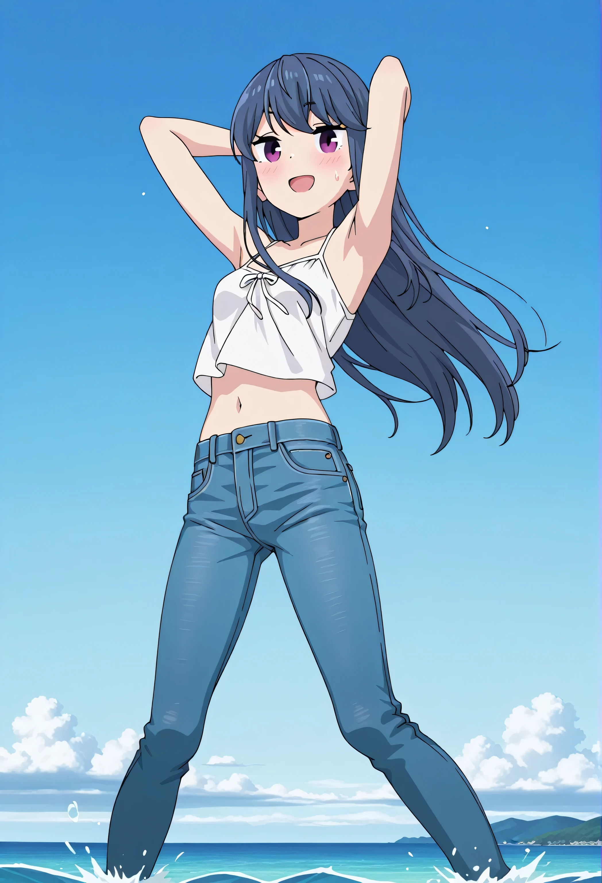 score_9, score_8_up, score_7_up, source_anime, highres, hi res, best quality, top quality, perfect quality, Highest Quality, amazing quality, ((masterpiece)), 2d, intricate details, official style, anime, 16k, anime style, official_anime, official_art, digital painting, cell shading, soft shading, high resolution, soothing tones, Subdued Color, Soft cinematic light, adobe lightroom, photolab, HDR, intricately and hyper-detailed, 1 girl, Alone, solo, ((ocean)), tsunami, on the water, day, outdoors, sky, windy, rin shima, blue hair, purple eyes, sidelocks, long hair, small breasts, white camisole top, crop top, white crop top, best quality, hyper-detailed jeans, ((blue jeans:1.9)), (dark blue jeans:0.6), full medium body, medium shot, Open mouth, smiling, happy face, blush, sweat, standing, arms behind head, bowlegged, jumping pose, action, looking at viewer, spread legs, Bend knees slightly, straight-on front view