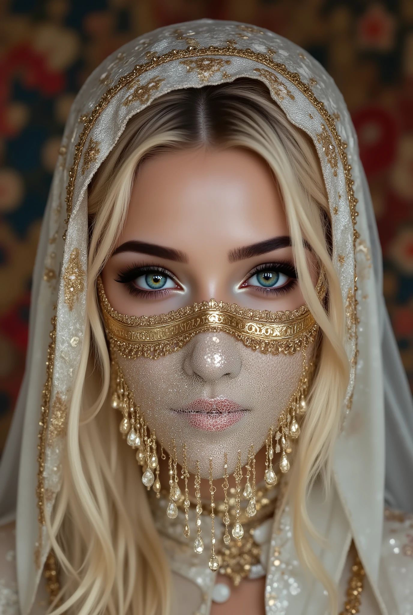  Portrait of an Arabian princess, a fairy-tale image, fantastic backgrounds, a magical fairy-tale atmosphere, [cowbow shot:1.25], [she has a veil-mask and (falling fringes) (gold-chaining, shiny, elegant) cover the lower part of the face] , [vivid and colorful cashmere fabric, delicately embroidered with red spiderweb], Ultra-realistic (photorealistic Realism), (ultra realistic texture details: velvety skin, hair), (Key Directive: - "The priority is the anatomical accuracy and texture of the materials" - "Ultra-sharp human eyes with biological accuracy") Eyes: "(acid-resistant terminology) (macro-details:1 . 55): * Moist corneal surface (visible aqueous layer:1 . 2) * Hyper-detailed iris stroma ((brown) with gold flecks) * Precise limbal ring (slightly darker pigmentation:1 . 2) * Pupil micro-texture (irregular edge authenticity:0 . 9) * Vasculature in sclera (subtle red veins radiating from limbus)" - "Lashes: blue individual synthetic fibers (crosshatched roots:1 . 2 , clump-free separation)" dark blonde hair (very short hair, slicked to one side) intricately details) (Post-Processing: - "Frequency separation for skin vs eye details" - "Selective sharpening: eyes200% , hair130%"- "angelic cute face, white teeth, perfect beauty, long eyelashes, neon pink lips, oiled skin. no blur sharp focus on all body"