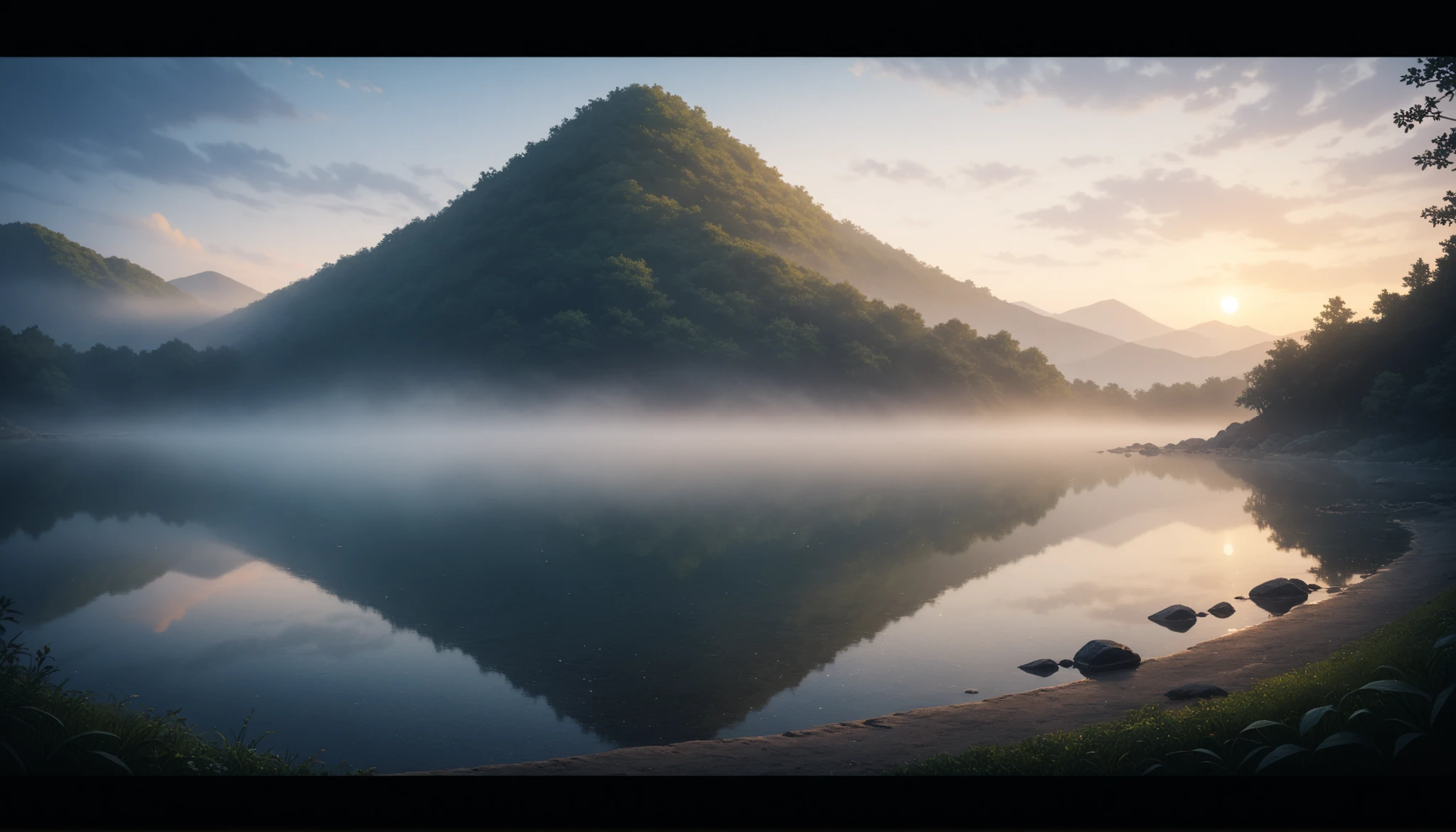 Japanese anime illustration (lakeside detailed image: 1.2), foggy background, very high resolution, masterpiece, best quality, professional photography, pointillism, cinematic light, depth of field