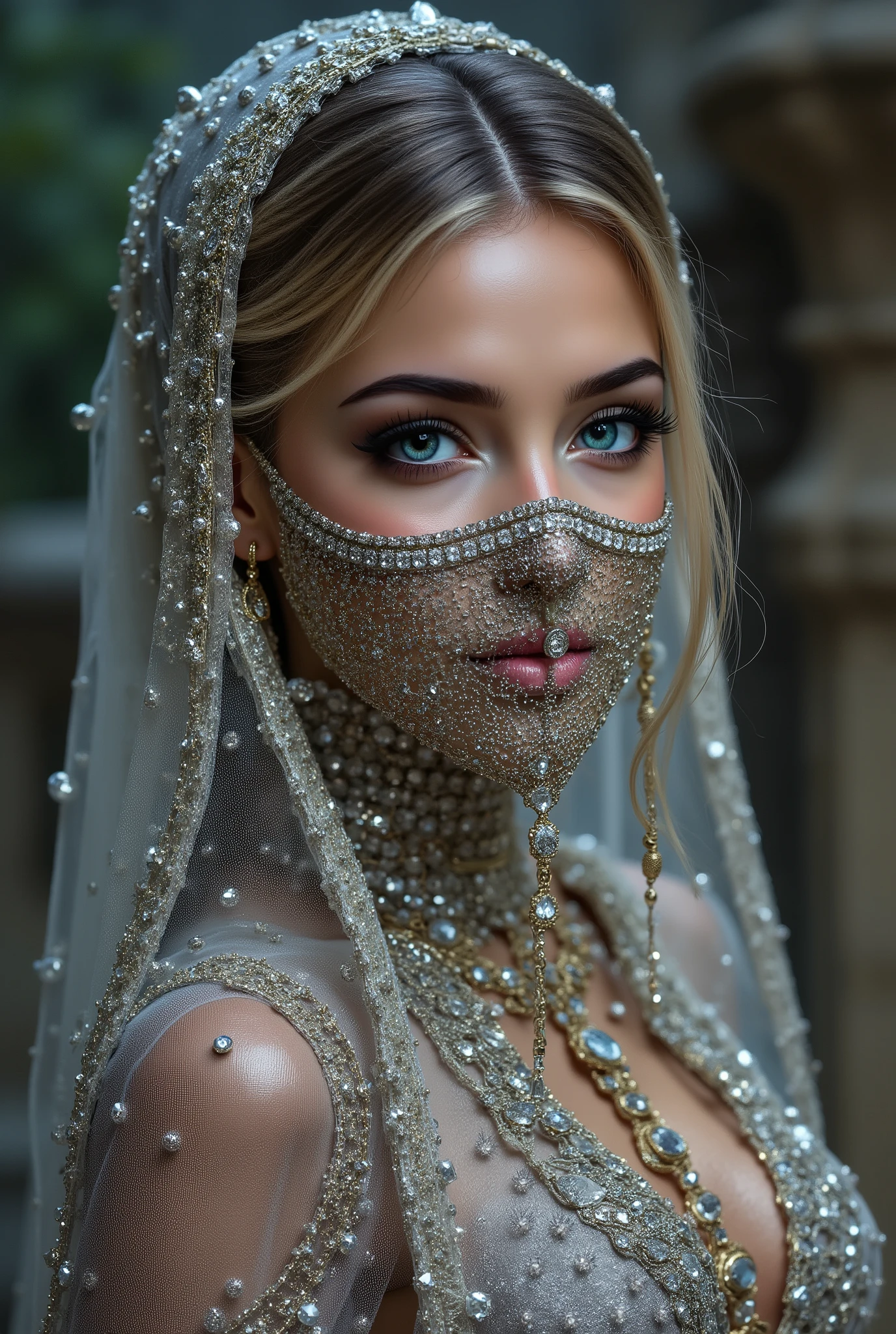  Portrait of an Arab princess, fairy tale image, Fantastic backgrounds, magical atmosphere, [upper body shot:1.23], [she has a diamond mask, attached falling veil of densely woven fringes (gold chains decorated with jewels), covering the lower part of her face], Ultra-realistic (photorealistic Realism), (ultra realistic texture details: velvety skin, hair), (Key Directive: - ("The priority is the anatomical accuracy and texture of the materials" - "Ultra-sharp human eyes with biological accuracy")) "Eyes: (acid-resistant terminology) (macro-details:1 . 55): * Moist corneal surface (visible aqueous layer:1 . 2) * Hyper-detailed iris stroma ((brown) with gold flecks) * Precise limbal ring (slightly darker pigmentation:1 . 22) * Pupil micro-texture (irregular edge authenticity:0 . 9) * Vasculature in sclera (subtle red veins radiating from limbus)" - "Lashes: blue individual synthetic fibers (crosshatched roots:1 . 2 , clump-free separation)" Technical Specs: (Optics: - "Zeiss Otus85mm f/1 . 4 lens (eye refraction calculations:1 . 13)" - "Shutter Speed:1/500 (freeze eye micro-movements)" - "Focus Stacking:7-point coverage on iris plane"), ((blonde hair (very short hair:1.45)((slicked to one side:1.4)), intricately details:1.4), (Post-Processing: - "Frequency separation for skin vs eye details" - "Selective sharpening: eyes200% , hair150%" - "Denoise: luminance20 , color35 (retain corneal speculars)") (Avoid: "pupil distortion , uncanny valley asymmetry , plastic-like wetness")