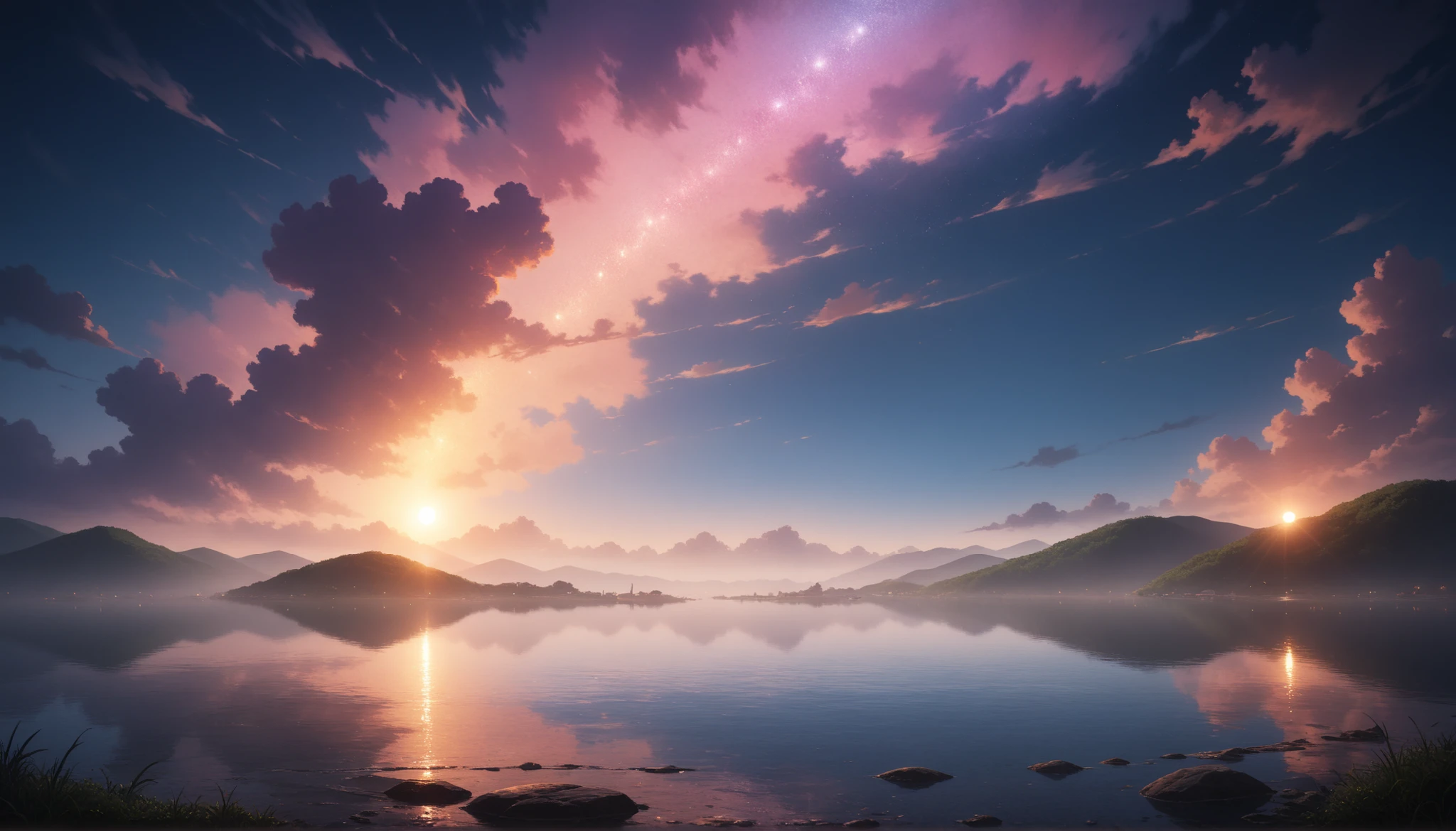 Japanese anime illustration (lakeside detailed image: 1.2), foggy background, very high resolution, masterpiece, best quality, professional photography, pointillism, cinematic light, depth of field