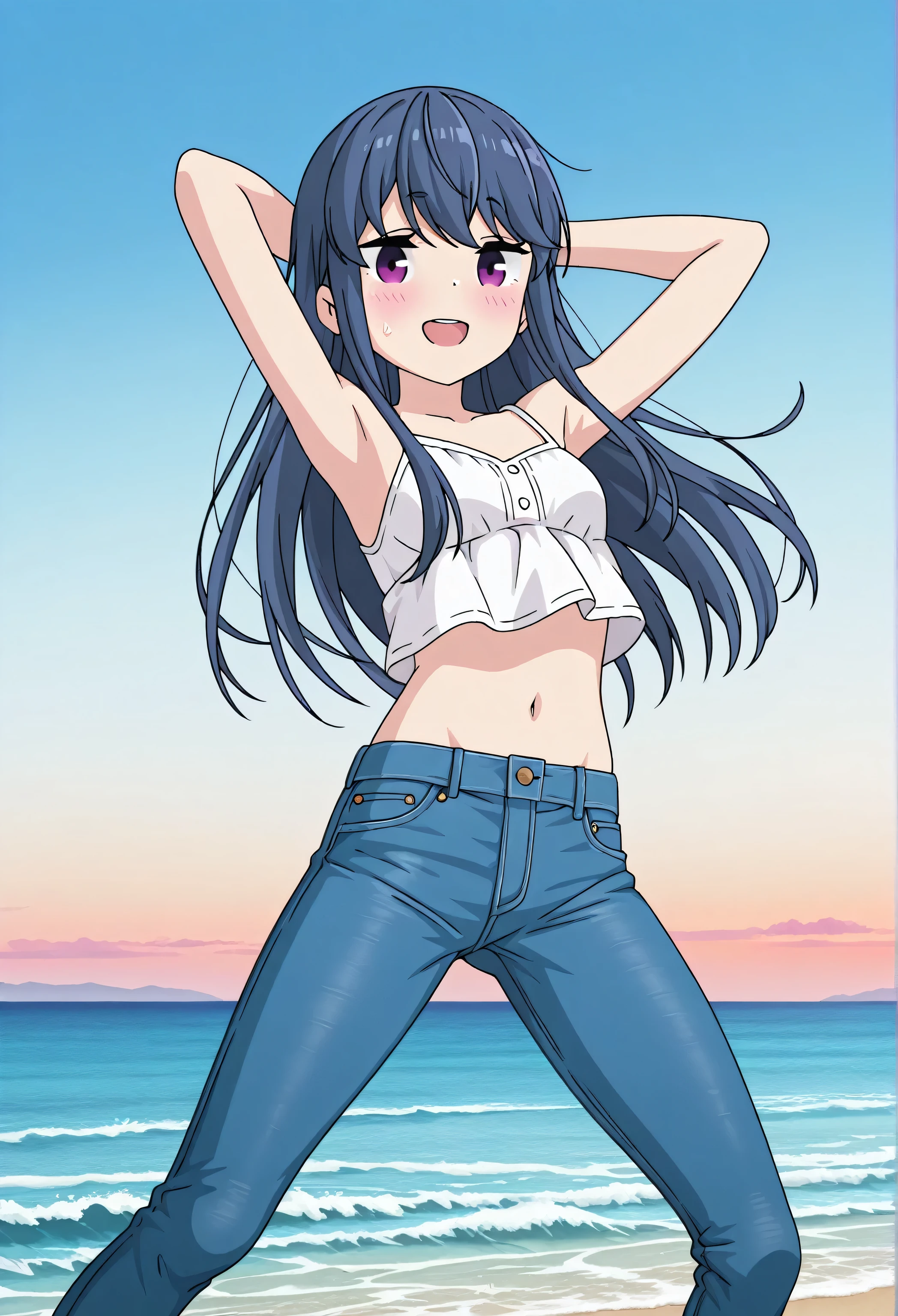 score_9, score_8_up, score_7_up, source_anime, highres, hi res, best quality, top quality, perfect quality, Highest Quality, amazing quality, masterpiece, 2d, intricate details, official style, anime, 4k, anime style, official_anime, official art, digital painting, cell shading, soft shading, high resolution, soothing tones, Subdued Color, Soft cinematic light, adobe lightroom, photolab, HDR, intricately and hyper-detailed, 1 girl, Alone, solo, ((ocean)), tsunami, on the water, day, outdoors, sky, windy, rin shima, blue hair, purple eyes, sidelocks, long hair, small breasts, white camisole top, crop top, white crop top, best quality, hyper-detailed jeans, ((blue jeans:1.9)), (dark blue jeans:0.6), full medium body, medium shot, Open mouth, smiling, happy face, blush, sweat, standing, arms behind head, bowlegged, jumping pose, action, looking at viewer, spread legs, Bend knees slightly, straight-on front view