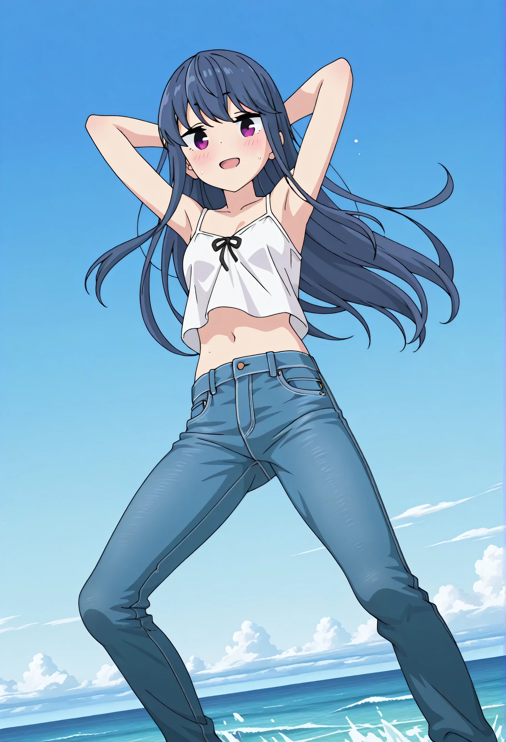score_9, score_8_up, score_7_up, source_anime, highres, hi res, best quality, top quality, perfect quality, Highest Quality, amazing quality, masterpiece, 2d, intricate details, official style, anime, 4k, anime style, official_anime, official art, digital painting, cell shading, soft shading, high resolution, soothing tones, Subdued Color, Soft cinematic light, adobe lightroom, photolab, HDR, intricately and hyper-detailed, 1 girl, Alone, solo, ((ocean)), tsunami, on the water, day, outdoors, sky, windy, rin shima, blue hair, purple eyes, sidelocks, long hair, small breasts, white camisole top, crop top, white crop top, best quality, hyper-detailed jeans, ((blue jeans:1.9)), (dark blue jeans:0.6), full medium body, medium shot, Open mouth, smiling, happy face, blush, sweat, standing, arms behind head, bowlegged, jumping pose, action, looking at viewer, spread legs, Bend knees slightly, straight-on front view