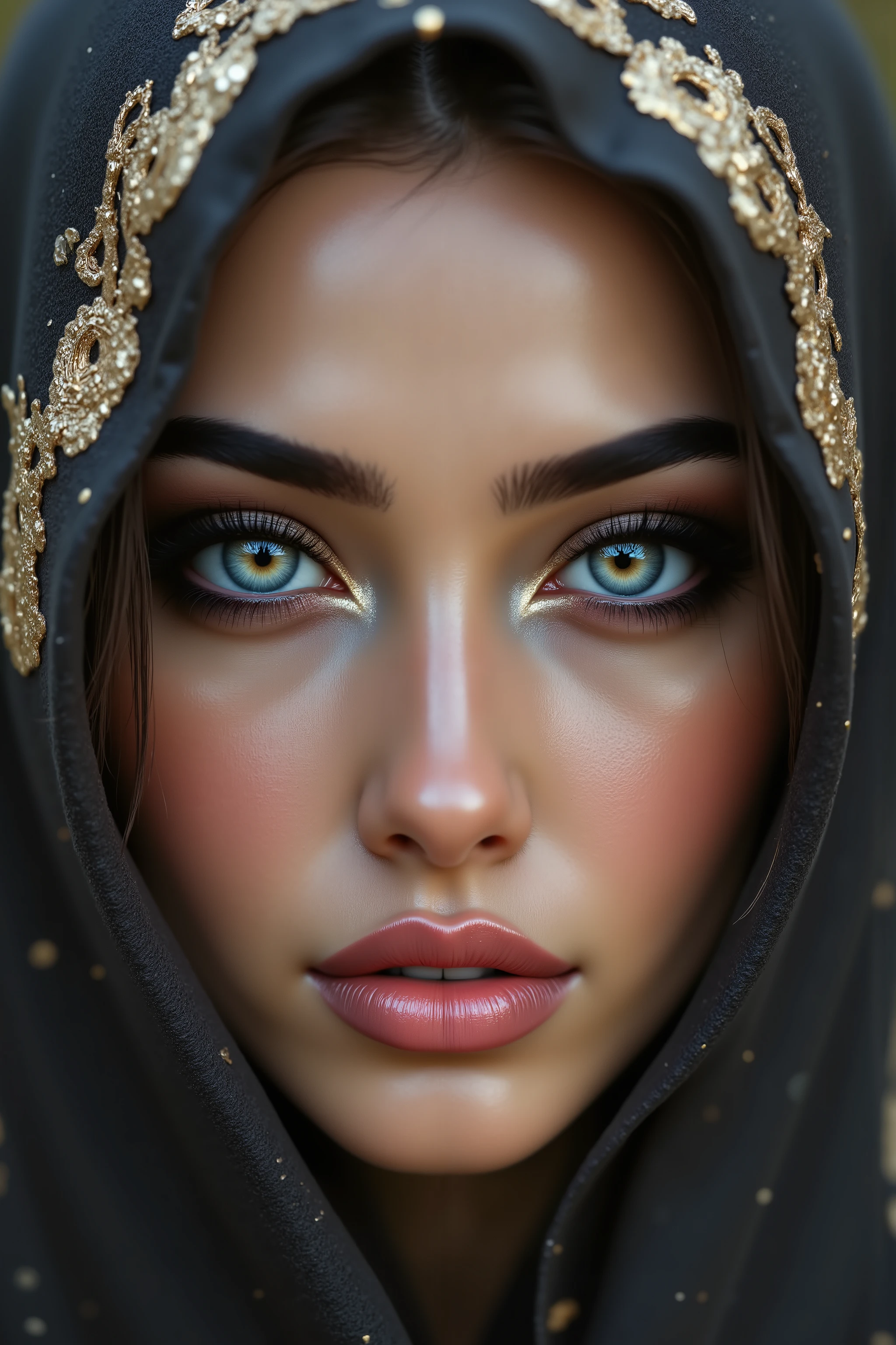Portrait of an Arab princess, fairy tale image, Fantastic backgrounds, magical atmosphere, she has a veil-mask and falling fringes (gold-chaining) cover the lower part of the face:1.33, Ultra-realistic (photorealistic Realism), (ultra realistic texture details: velvety skin, hair), (dark hair (short hair)((slicked to one side)), Intricately detailed:1.3),(Key Directive: - ("The priority is the anatomical accuracy and texture of the materials" - "Ultra-sharp human eyes with biological accuracy") { "Eyes: (acid-resistant terminology) (macro-details:1 . 5): * Moist corneal surface (visible aqueous layer:1 . 2) * Hyper-detailed iris stroma ((brown) with gold flecks) * Precise limbal ring (slightly darker pigmentation:1 . 22) * Pupil micro-texture (irregular edge authenticity:0 . 9) * Vasculature in sclera (subtle red veins radiating from limbus)" - "Lashes: blue individual synthetic fibers (crosshatched roots:1 . 2 , clump-free separation)" Technical Specs: (Optics: - "Zeiss Otus85mm f/1 . 4 lens (eye refraction calculations:1 . 3)" - "Shutter Speed:1/500 (freeze eye micro-movements)" - "Focus Stacking:7-point coverage on iris plane"), ((blonde hair (very short hair:1.45)((slicked to one side:1.4)), intricately details:1.41), (Post-Processing: - "Frequency separation for skin vs eye details" - "Selective sharpening: eyes170% , hair150%" - "Denoise: luminance20 , color35 (retain corneal speculars)") (Avoid: "pupil distortion , uncanny valley asymmetry , plastic-like wetness")
