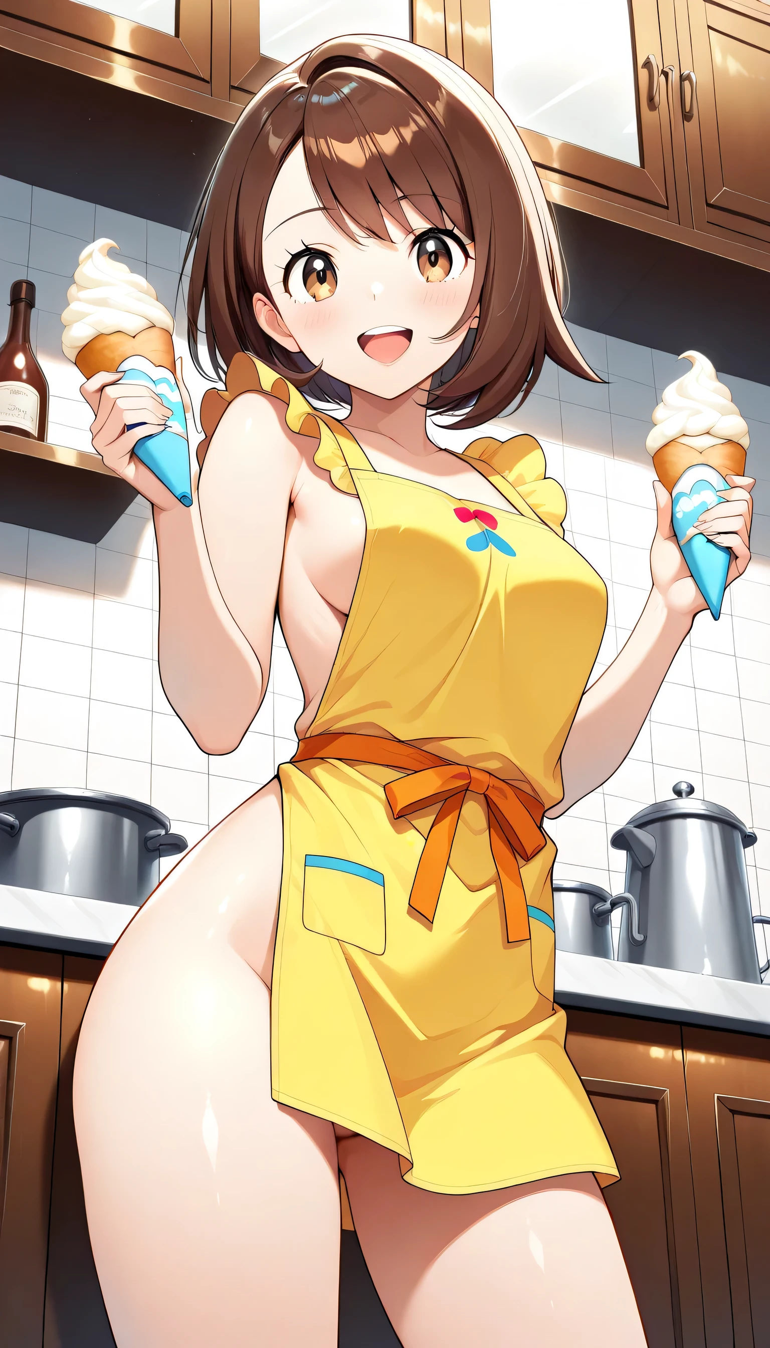 zzGloria, brown hair, brown eyes, very detailedな目と顔, perfect face, perfect hand, perfect legs, perfect fingertips, (Highest Quality, very detailed, CG illustration , masterpiece, best aesthetics),yellow apron with ruffles、、no panties、no bra、Detailed interior of the cafe、Smile Yan、open mouth、Holding fresh cream in hand、