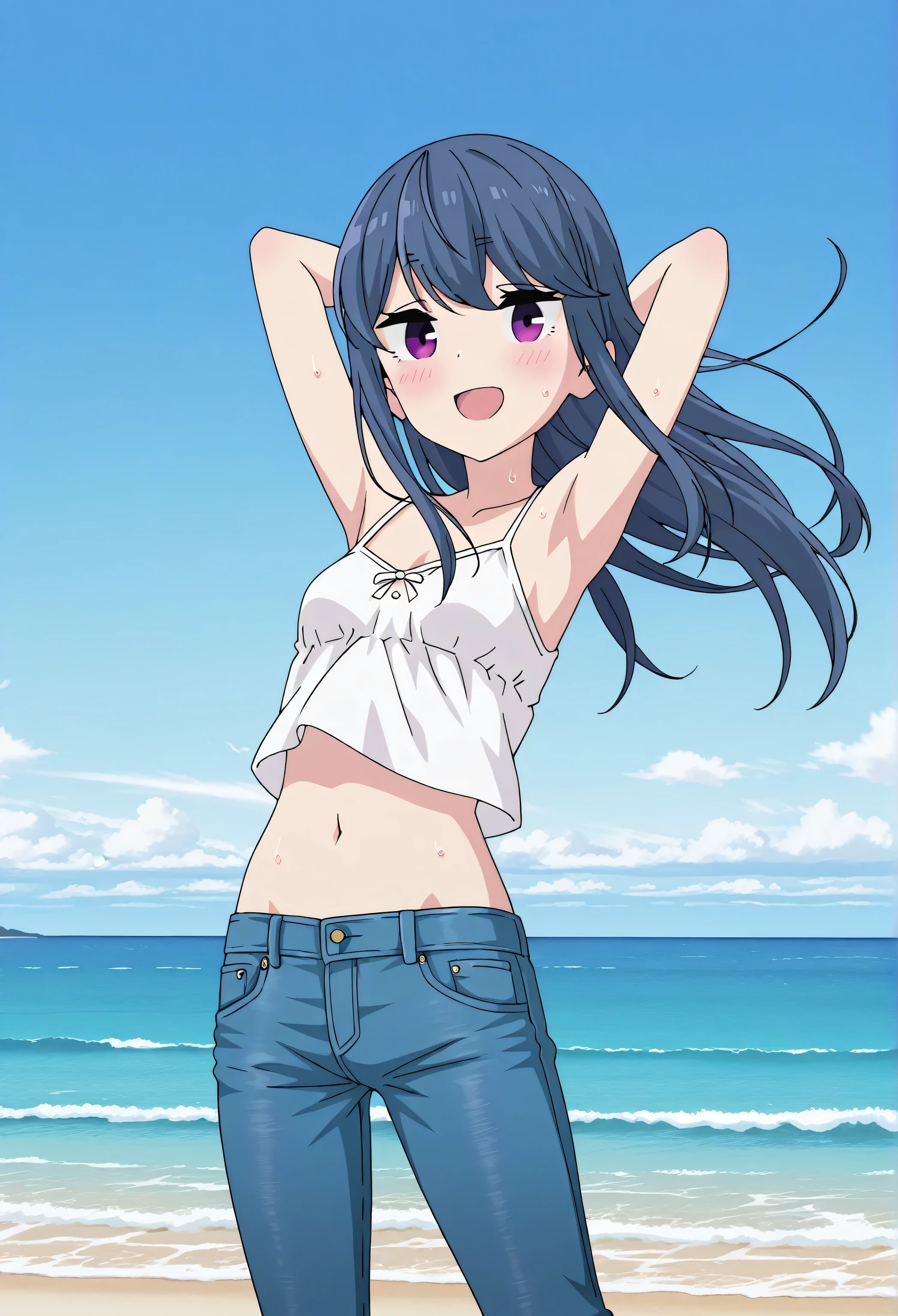 score_9, score_8_up, score_7_up, source_anime, highres, hi res, ((best quality, top quality, perfect quality, Highest Quality, amazing quality)), {{masterpiece}}, {{an extremely delicate and beautiful}}, 2d, intricate details, official style, anime, 8k, anime style, official_anime, official art, digital painting, cell shading, soft shading, high resolution, soothing tones, Subdued Color, Soft cinematic light, adobe lightroom, photolab, HDR, intricately and hyper-detailed, ((high quality animation)), 1 girl, Alone, solo, ((ocean)), tsunami, on the water, day, outdoors, sky, windy, rin shima, blue hair, purple eyes, sidelocks, long hair, small breasts, white camisole top, crop top, white crop top, best quality, hyper-detailed jeans, ((blue jeans:1.9)), (dark blue jeans:0.6), full medium body, medium shot, Open mouth, smiling, happy face, blush, sweat, standing, arms behind head, bowlegged, jumping pose, action, looking at viewer, spread legs, Bend knees slightly, straight-on front view