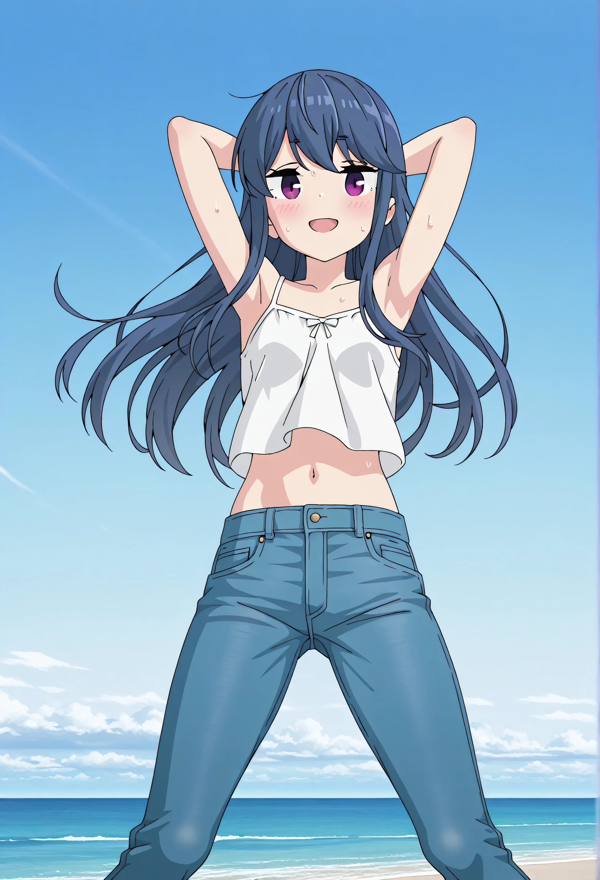 score_9, score_8_up, score_7_up, source_anime, highres, hi res, ((best quality, top quality, perfect quality, Highest Quality, amazing quality)), {{masterpiece}}, {{an extremely delicate and beautiful}}, 2d, intricate details, official style, anime, 8k, anime style, official_anime, official art, digital painting, cell shading, soft shading, high resolution, soothing tones, Subdued Color, Soft cinematic light, adobe lightroom, photolab, HDR, intricately and hyper-detailed, ((high quality animation)), 1 girl, Alone, solo, ((ocean)), tsunami, on the water, day, outdoors, sky, windy, rin shima, blue hair, purple eyes, sidelocks, long hair, small breasts, white camisole top, crop top, white crop top, best quality, hyper-detailed jeans, ((blue jeans:1.9)), (dark blue jeans:0.6), full medium body, medium shot, Open mouth, smiling, happy face, blush, sweat, standing, arms behind head, bowlegged, jumping pose, action, looking at viewer, spread legs, Bend knees slightly, straight-on front view