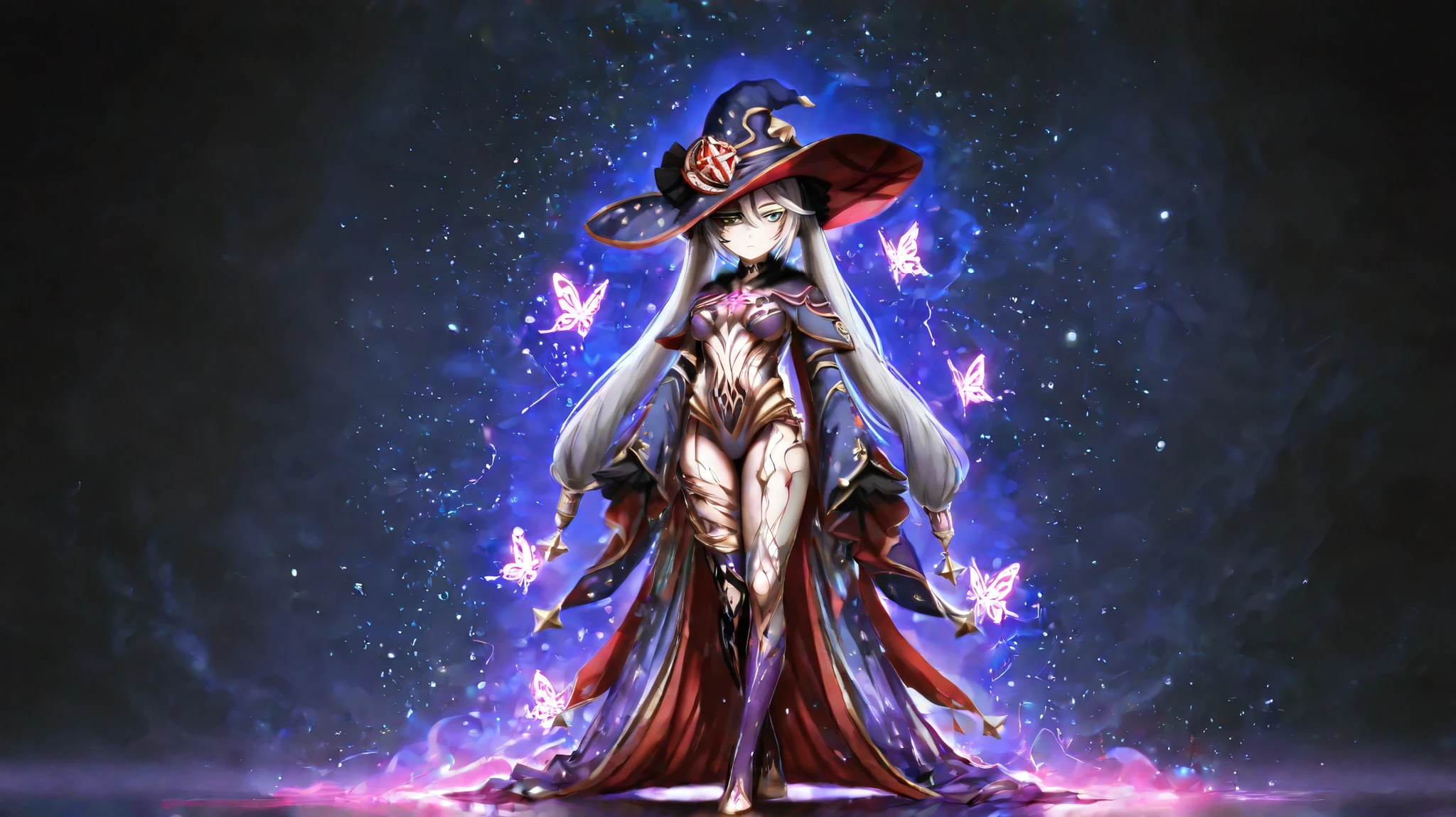 Elder Mona Megistus from Genshin Impact, full body, anime style, older and wiser appearance with visible wrinkles, long flowing silver hair glowing at the edges with blue neon light, serious and mysterious expression, iconic astrologer hat with glowing outlines, ornate hydro-themed robe with star and constellation patterns, glowing ethereal aura around her body, dramatic shadows, mystical atmosphere, butterfly-shaped glowing light floating behind her, cinematic high contrast, ultra-detailed, neon glow effect, dark background, 16:9 aspect ratio