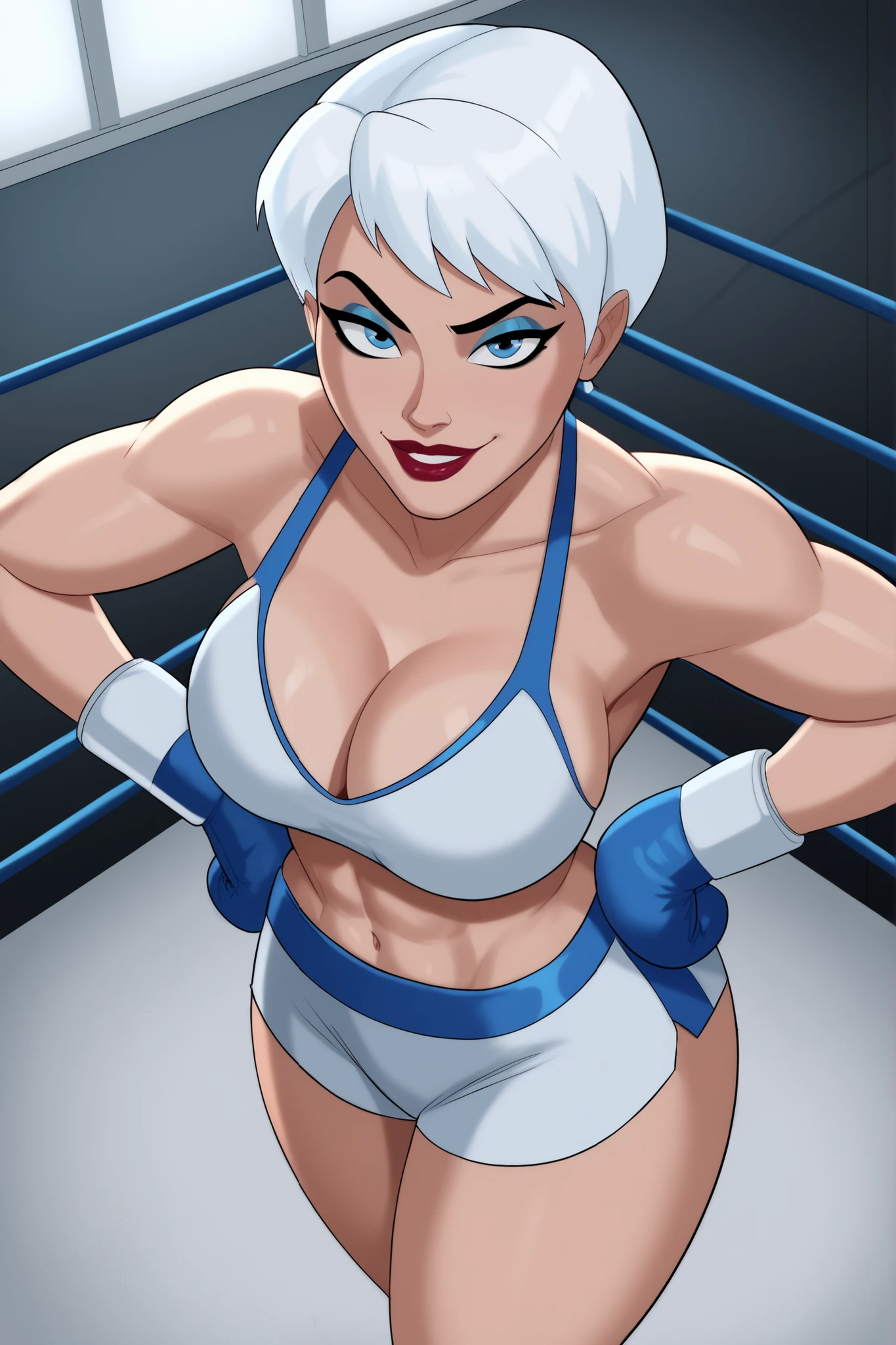 BREAK, score_9, score_8_up, score_7_up, score_6_up, masterpiece, high quality, perfect face, perfect eyes, JLUIce, solo, 1girl, white hair, short hair, blue eyes, lipstick, makeup, very , curvy, athletic, cleavage, smile, closed mouth, expression, bedroom eyes, looking at viewer, seducing viewer, teasing viewer, busty, frost white top, frost white workout shorts, frost white boxing gloves, indoors, boxing ring, standing, high-angle view, blue eyeshadow, black mascara, closeup, portrait, upper body, thick thighs, wide , hand on waist