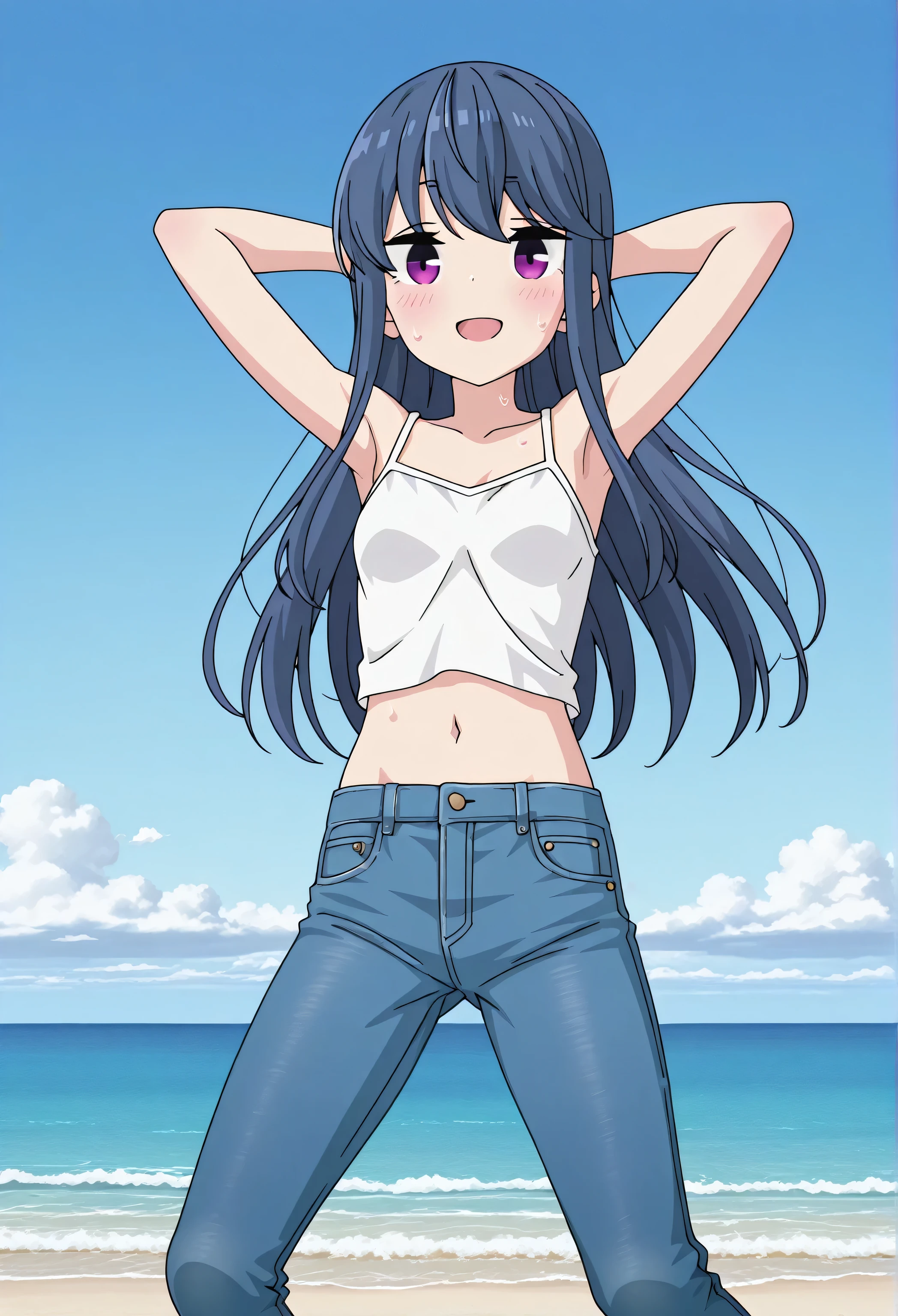 score_9, score_8_up, score_7_up, source_anime, highres, hi res, ((best quality, top quality, perfect quality, Highest Quality, amazing quality)), {{masterpiece}}, {{an extremely delicate and beautiful}}, 2d, intricate details, official style, anime, 8k, anime style, official_anime, official art, digital painting, cell shading, soft shading, high resolution, soothing tones, Subdued Color, Soft cinematic light, adobe lightroom, photolab, HDR, intricately and hyper-detailed, ((high quality animation)), 1 girl, Alone, solo, ((ocean)), tsunami, on the water, day, outdoors, sky, windy, rin shima, blue hair, purple eyes, sidelocks, long hair, small breasts, white camisole top, crop top, white crop top, best quality, hyper-detailed jeans, ((blue jeans:1.9)), (dark blue jeans:0.6), full medium body, medium shot, Open mouth, smiling, happy face, blush, sweat, standing, arms behind head, bowlegged, jumping pose, action, looking at viewer, spread legs, Bend knees slightly, straight-on front view