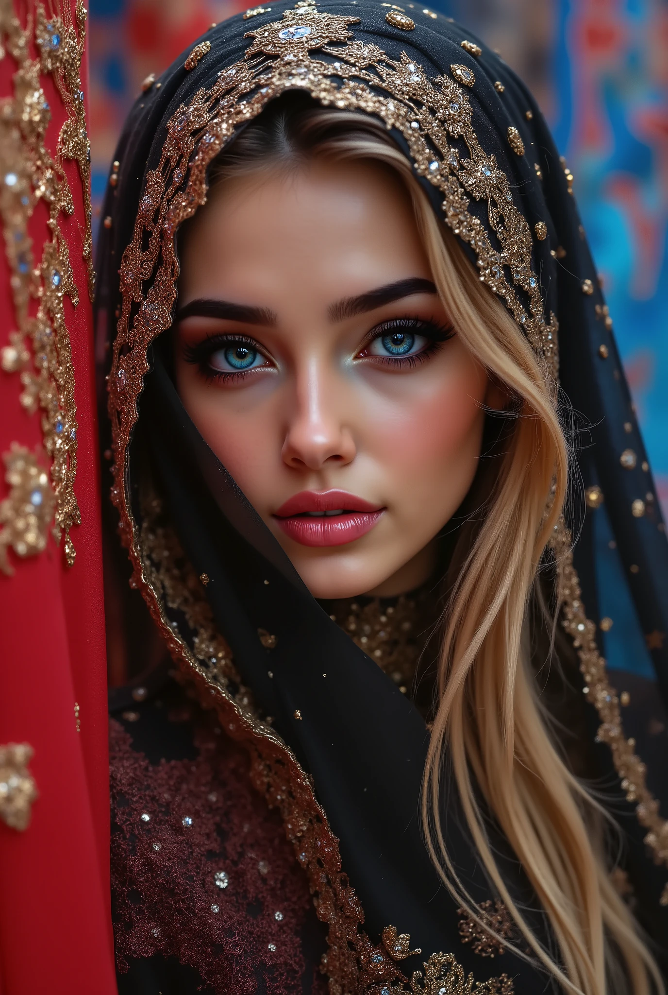 Portrait of an Arabian princess, a fairy-tale image, fantastic backgrounds, a magical fairy-tale atmosphere, [cowbow shot:1.25], [she has a veil-mask and (falling fringes) (gold-chaining, shiny, elegant) cover the lower part of the face] , [vivid and colorful cashmere fabric, delicately embroidered with red spiderweb], Ultra-realistic (photorealistic Realism), (ultra realistic texture details: velvety skin, hair), (Key Directive: - "The priority is the anatomical accuracy and texture of the materials" - "Ultra-sharp human eyes with biological accuracy") Eyes: "(acid-resistant terminology) (macro-details:1 . 55): * Moist corneal surface (visible aqueous layer:1 . 2) * Hyper-detailed iris stroma ((brown) with gold flecks) * Precise limbal ring (slightly darker pigmentation:1 . 2) * Pupil micro-texture (irregular edge authenticity:0 . 9) * Vasculature in sclera (subtle red veins radiating from limbus)" - "Lashes: blue individual synthetic fibers (crosshatched roots:1 . 2 , clump-free separation)" Technical Specs: (Optics: - "Zeiss Otus85mm f/1 . 4 lens (eye refraction calculations:1 . 3)" - "Shutter Speed:1/500 (freeze eye micro-movements)" - "Focus Stacking:7-point coverage on iris plane"), dark blonde hair (very short hair, slicked to one side) intricately details) (Post-Processing: - "Frequency separation for skin vs eye details" - "Selective sharpening: eyes200% , hair130%"- "angelic cute face, white teeth, perfect beauty, long eyelashes, neon pink lips, oiled skin. no blur sharp focus on all body"