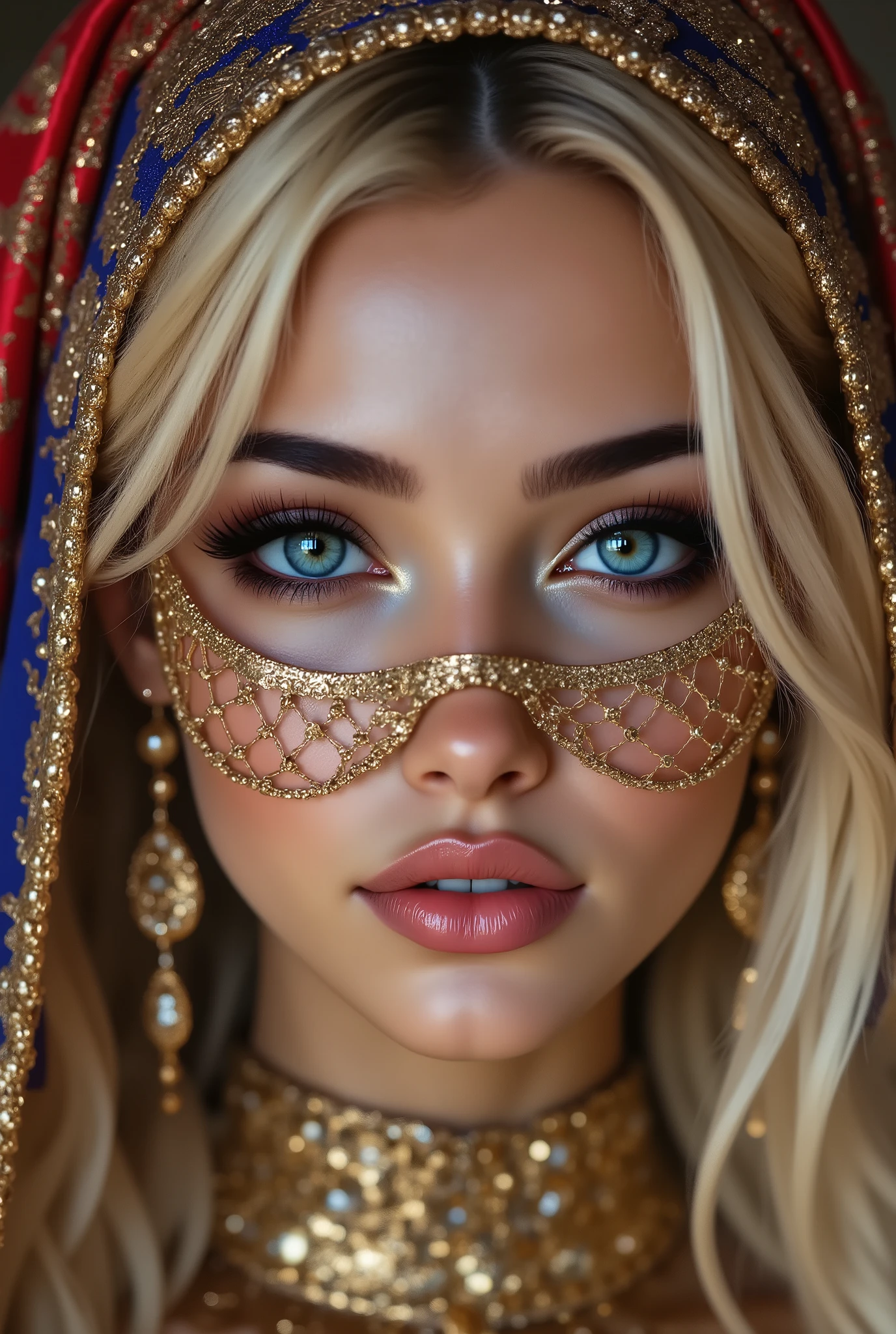  Portrait of an Arabian princess, a fairy-tale image, fantastic backgrounds, a magical fairy-tale atmosphere, [cowbow shot:1.25], [she has a veil-mask and (falling fringes) (gold-chaining, shiny, elegant) cover the lower part of the face] , [vivid and colorful cashmere fabric, delicately embroidered with red spiderweb], Ultra-realistic (photorealistic Realism), (ultra realistic texture details: velvety skin, hair), (Key Directive: - "The priority is the anatomical accuracy and texture of the materials" - "Ultra-sharp human eyes with biological accuracy") Eyes: "(acid-resistant terminology) (macro-details:1 . 55): * Moist corneal surface (visible aqueous layer:1 . 2) * Hyper-detailed iris stroma ((brown) with gold flecks) * Precise limbal ring (slightly darker pigmentation:1 . 2) * Pupil micro-texture (irregular edge authenticity:0 . 9) * Vasculature in sclera (subtle red veins radiating from limbus)" - "Lashes: blue individual synthetic fibers (crosshatched roots:1 . 2 , clump-free separation)" Technical Specs: (Optics: - "Zeiss Otus85mm f/1 . 4 lens (eye refraction calculations:1 . 3)" - "Shutter Speed:1/500 (freeze eye micro-movements)" - "Focus Stacking:7-point coverage on iris plane"), dark blonde hair (very short hair, slicked to one side) intricately details) (Post-Processing: - "Frequency separation for skin vs eye details" - "Selective sharpening: eyes200% , hair130%"- "angelic cute face, white teeth, perfect beauty, long eyelashes, neon pink lips, oiled skin. no blur sharp focus on all body"