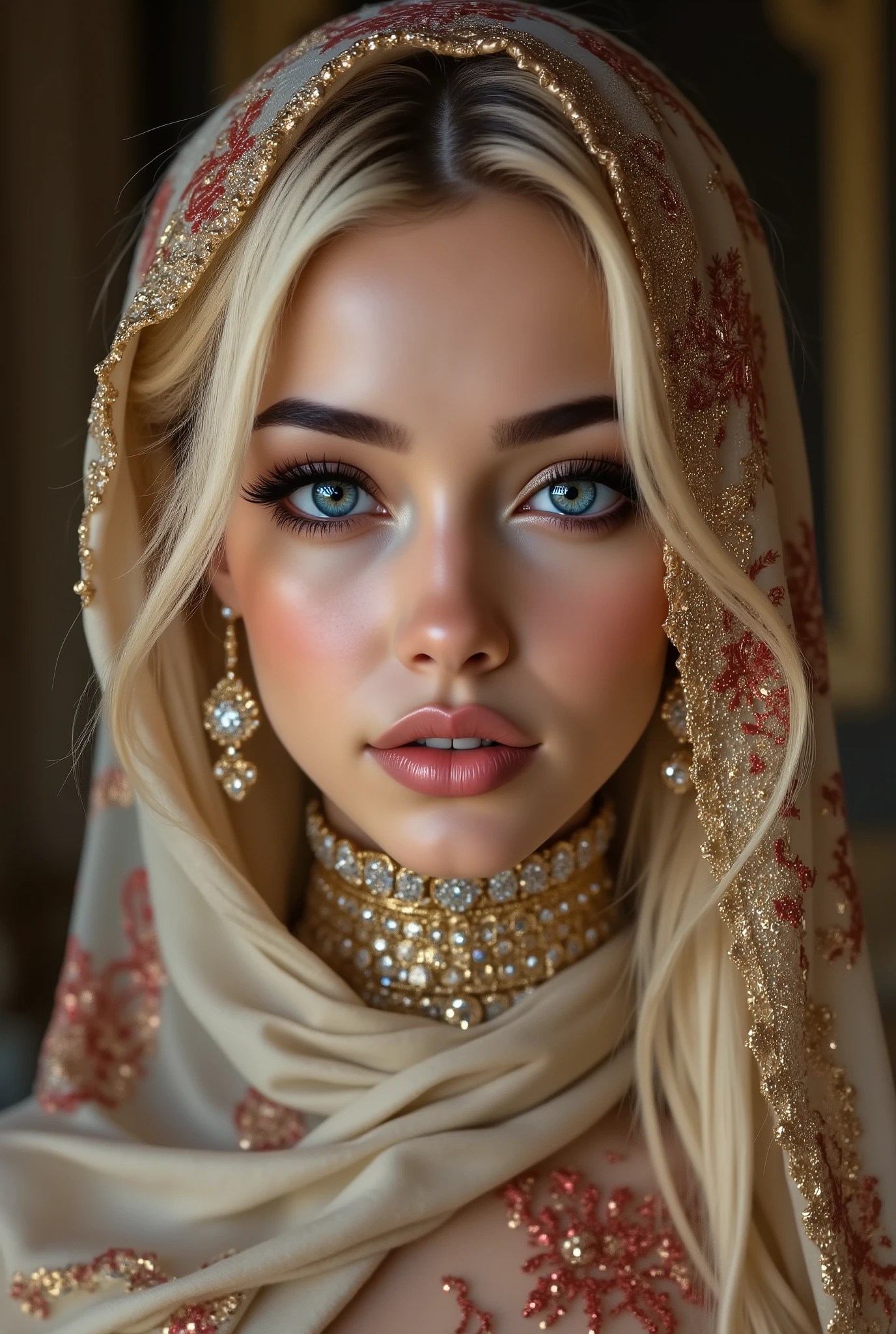  Portrait of an Arabian princess, a fairy-tale image, fantastic backgrounds, a magical fairy-tale atmosphere, [cowbow shot:1.25], [she has a veil-mask and (falling fringes) (gold-chaining, shiny, elegant) cover the lower part of the face] , [vivid and colorful cashmere fabric, delicately embroidered with red spiderweb], Ultra-realistic (photorealistic Realism), (ultra realistic texture details: velvety skin, hair), (Key Directive: - "The priority is the anatomical accuracy and texture of the materials" - "Ultra-sharp human eyes with biological accuracy") Eyes: "(acid-resistant terminology) (macro-details:1 . 55): * Moist corneal surface (visible aqueous layer:1 . 2) * Hyper-detailed iris stroma ((brown) with gold flecks) * Precise limbal ring (slightly darker pigmentation:1 . 2) * Pupil micro-texture (irregular edge authenticity:0 . 9) * Vasculature in sclera (subtle red veins radiating from limbus)" - "Lashes: blue individual synthetic fibers (crosshatched roots:1 . 2 , clump-free separation)" Technical Specs: (Optics: - "Zeiss Otus85mm f/1 . 4 lens (eye refraction calculations:1 . 3)" - "Shutter Speed:1/500 (freeze eye micro-movements)" - "Focus Stacking:7-point coverage on iris plane"), dark blonde hair (very short hair, slicked to one side) intricately details) (Post-Processing: - "Frequency separation for skin vs eye details" - "Selective sharpening: eyes200% , hair130%"- "angelic cute face, white teeth, perfect beauty, long eyelashes, neon pink lips, oiled skin. no blur sharp focus on all body"